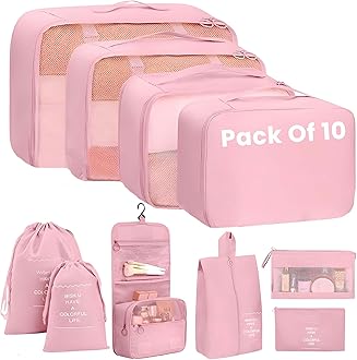 Sponsored Ad - Mesh Set of 10 Pieces Packing Cubes Organiser for Travel, Travel Organizer Bags for Luggage, Suitcase includes 2 Drawstring Bags, Toiletry Bag with Hook - Set of 10 - Pink, 32 cm, 11 cm