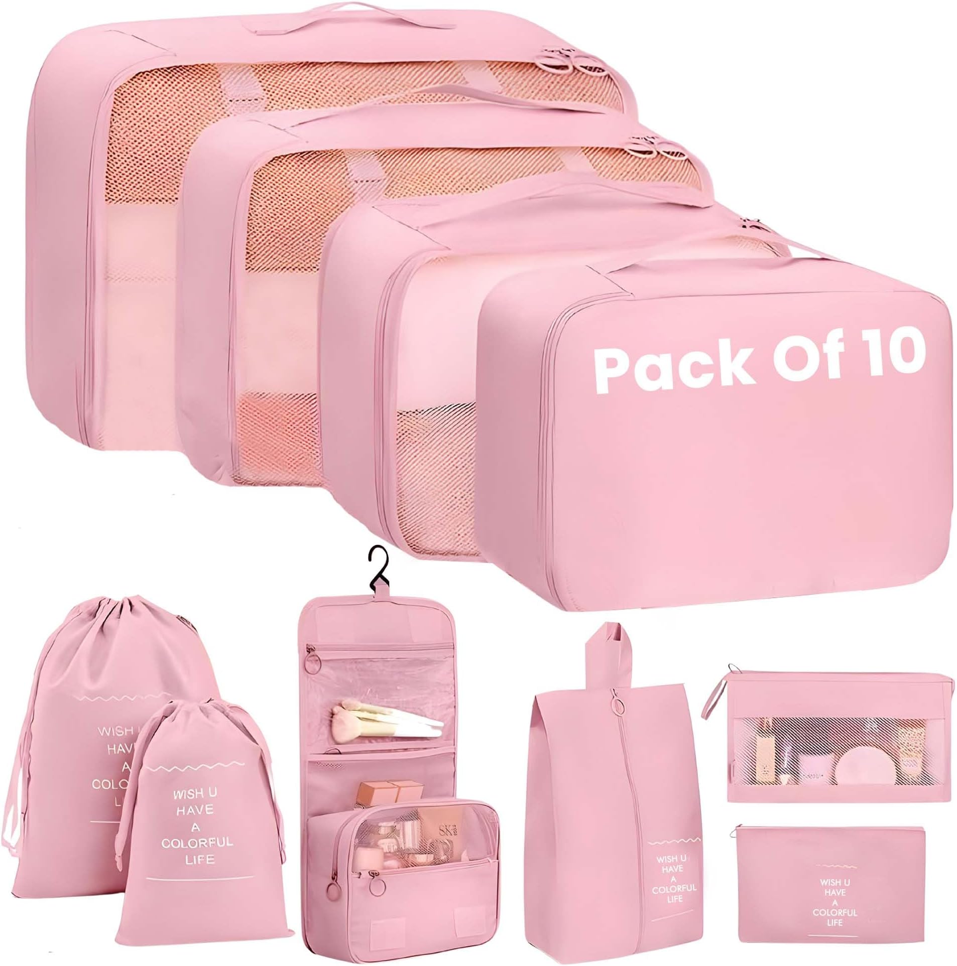 - Oceanevo Set of 10 Pieces Packing Cubes Organiser for Travel, Travel Organizer Bags for Luggage, Suitcase Includes 2 Drawstring Bags, Shoe Bag and Toiletry Bag with Hook - Set of 10 - Pink