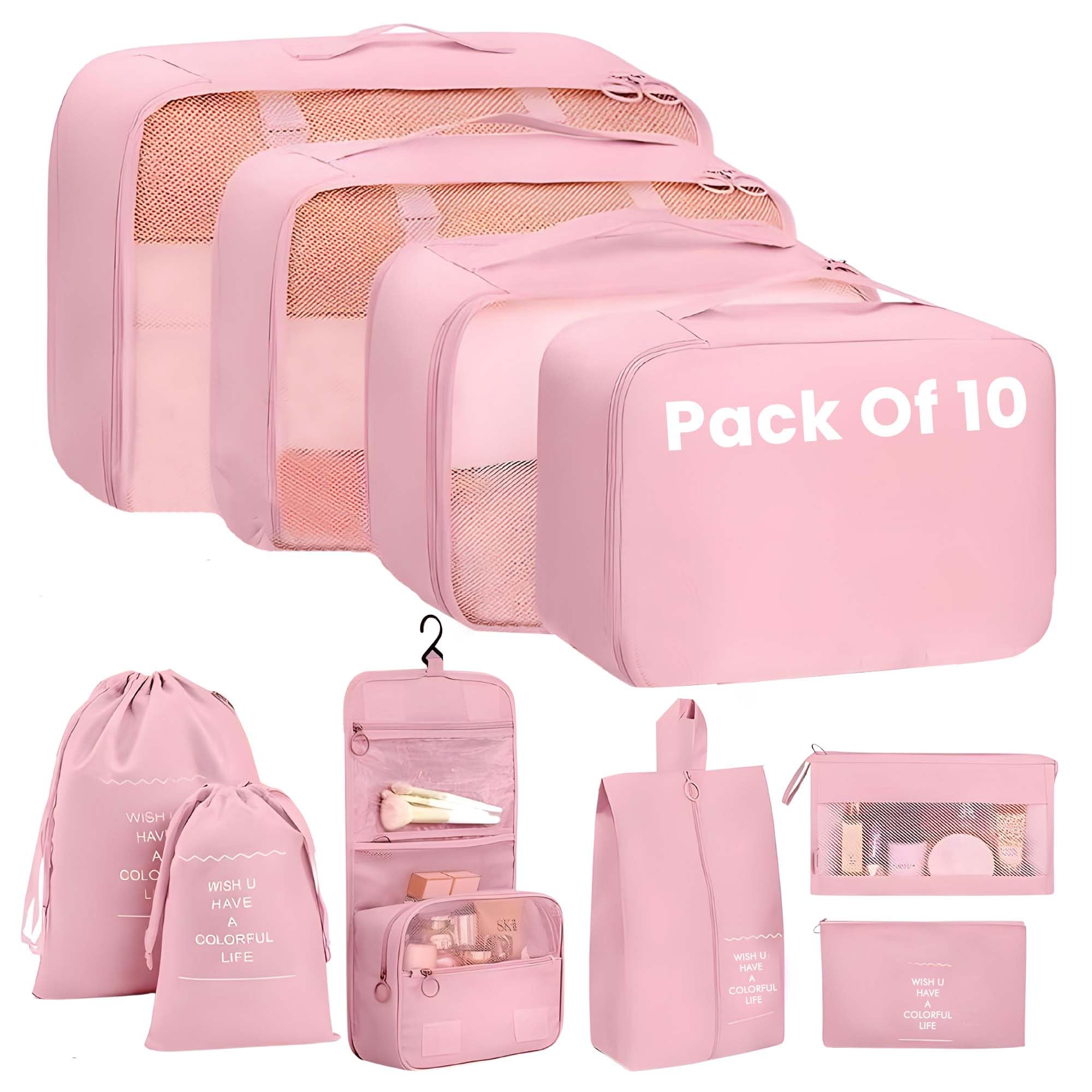 OCEANEVOMesh Set of 10 Pieces Packing Cubes Organiser for Travel, Travel Organizer Bags for Luggage, Suitcase includes 2 Drawstring Bags, Toiletry Bag with Hook - Set of 10 - Pink, 32 cm, 11 cm