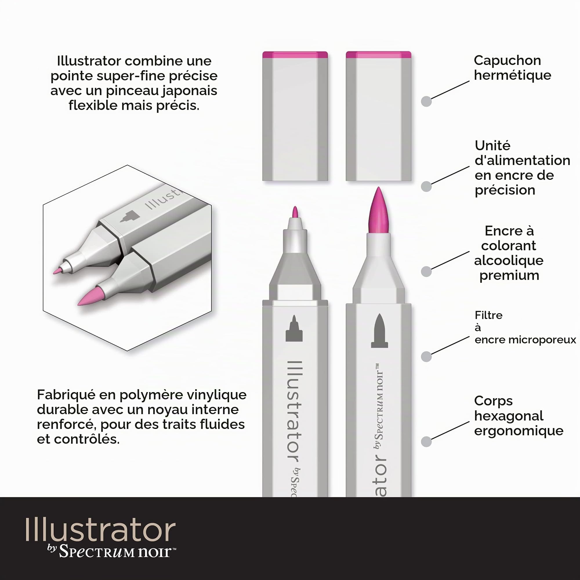 Crafter's Companion Spectrum Noir Illustrator Lot de 36 marqueurs à base d'alcool à double pointe avec pointes japonaises – Parfait pour le coloriage, le dessin et l'illustration