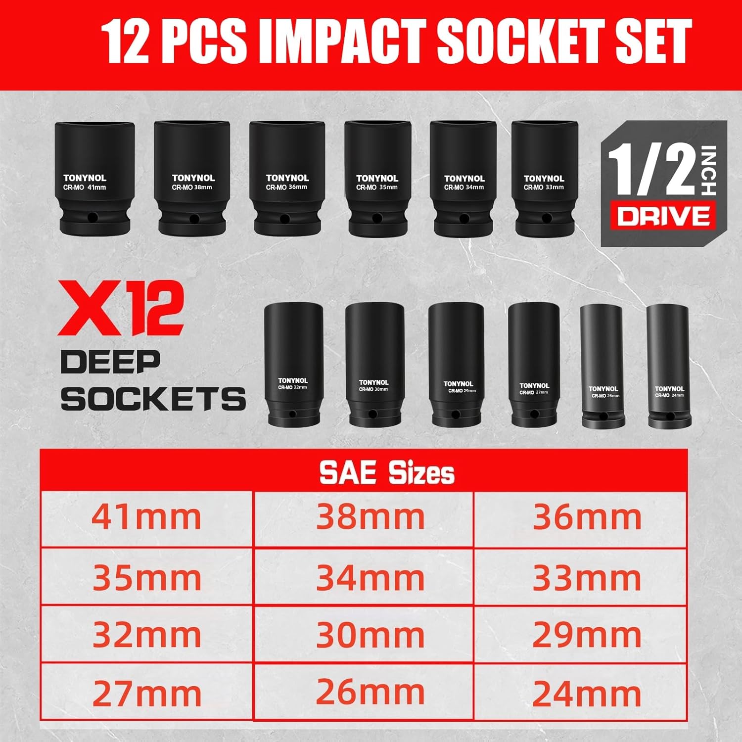 TONYNOL 1/2" Drive Deep Impact Socket Set, 6 Point Metric(24-41mm),12 Pcs,Cr-Mo Steel,Heavy Duty Sockets for Impact Wrench with Case