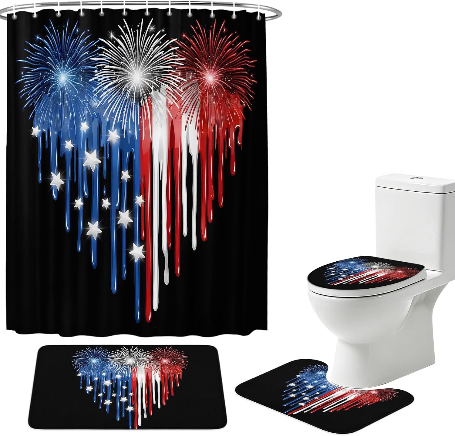Dripping Paint 4PCS Shower Curtains Set with Toilet Lid Cover Non-Slip Rugs, Red White Blue Fireworks Dripping Paint Heart Black Waterproof Shower Curtain Set for Bathroom with 12 Hooks 66x72 In