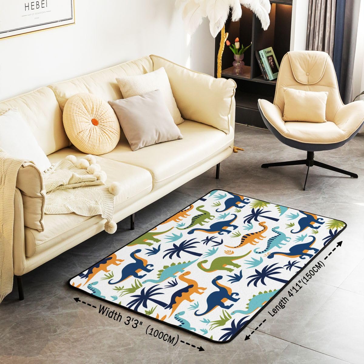 Cartoon Dinosaurier Wohnzimmer Teppich 100x150cm Blauer Kokosbaum Grün Gras Drucken Schlafzimmerbereich Teppich für Kinder Teens Niedliches Tier- und Pflanzenmuster Indoor Matte Heimdekor
