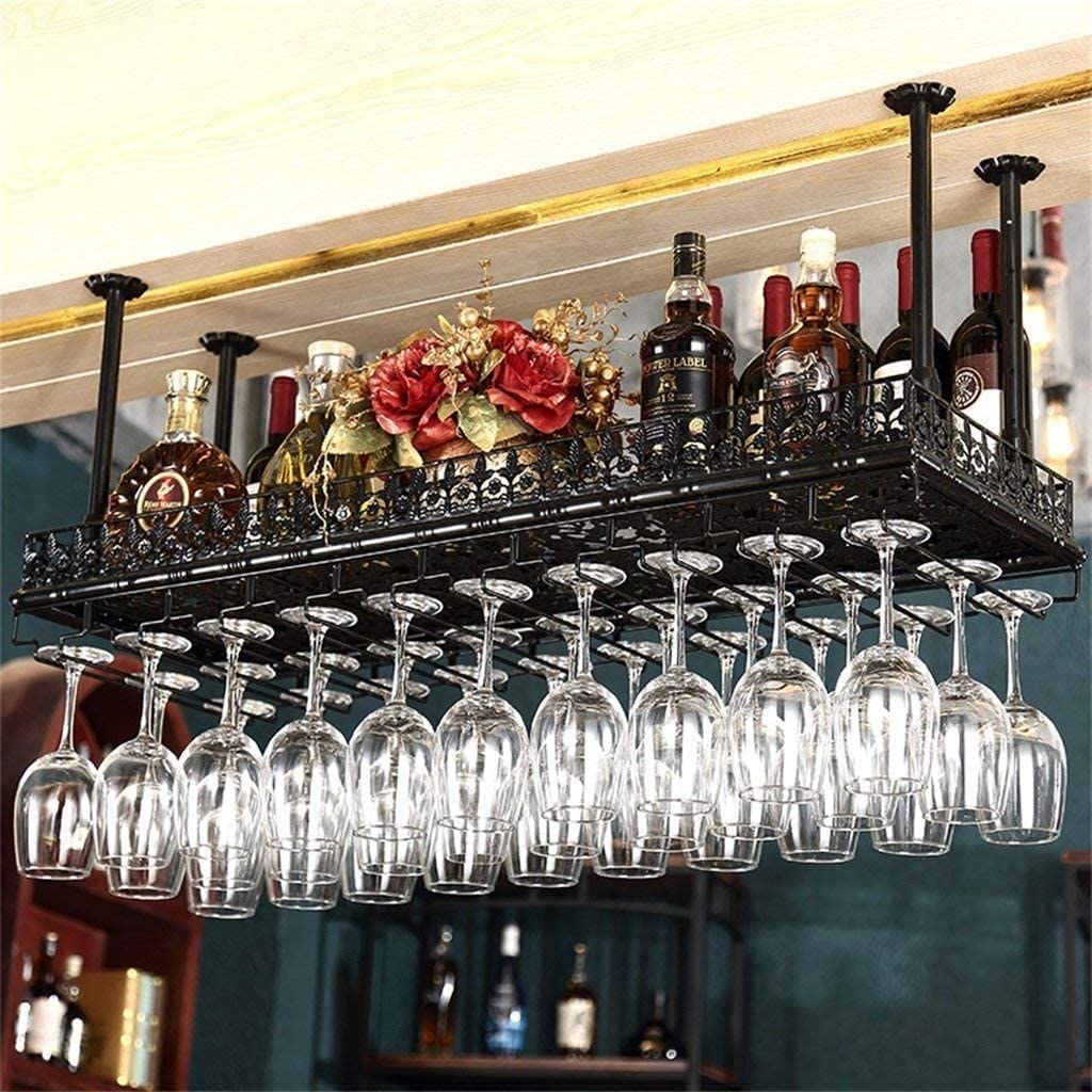 Casier à vin au plafond en fer noir 60x35 cm avec porte-verre suspendu