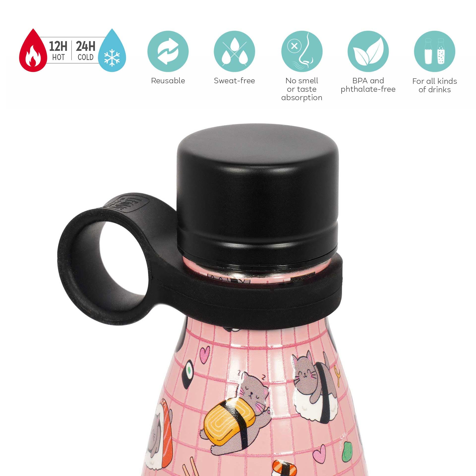 Legami - Bottiglia Termica Hot&Cold, Sushi Cat, 500 ml, Chiusura ermetica, 12 Ore Bevande calde 24 Ore fredde, Manico in Silicone rimovibile, in Acciaio inox, senza BPA