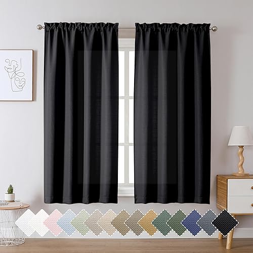 Miniatura 2 de Cortinas negras de 63 pulgadas de largo, 2 paneles de lino sintético, semitransparentes, filtrantes de luz, bolsillo para cortinero, cortinas suaves