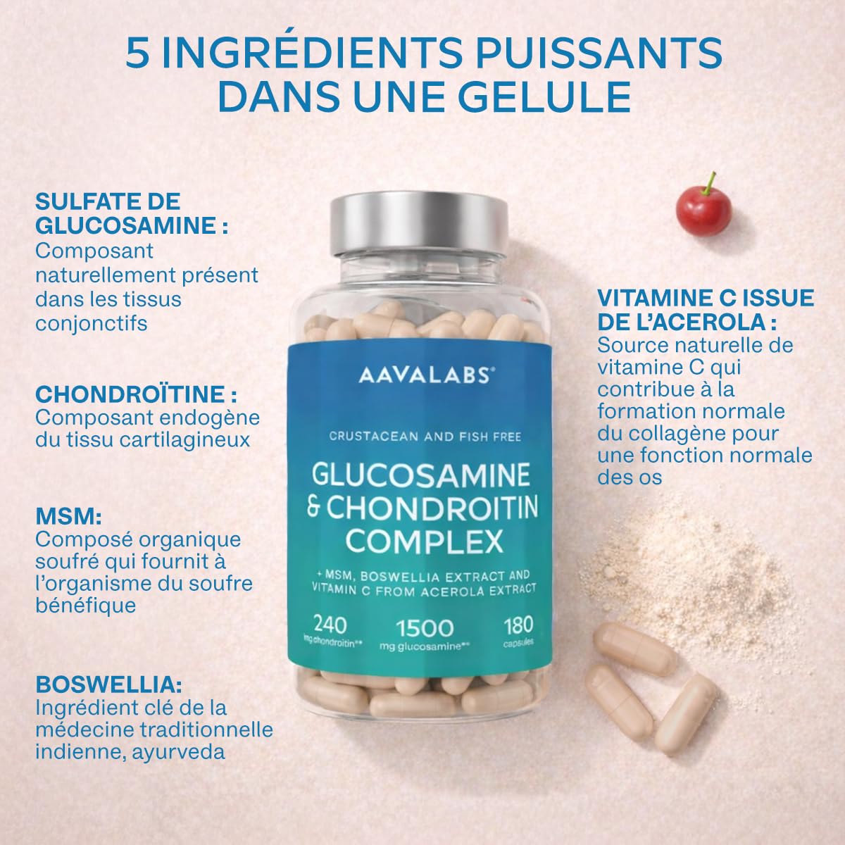 Glucosamine Chondroïtine MSM Vitamin C Acerola Boswellia Serrata - Glucosamine 1500mg Complément Alimentaire pour les Os, Cartilages et le Système Immunitaire - Glucosamine Chondroitin MSM Gelules 180