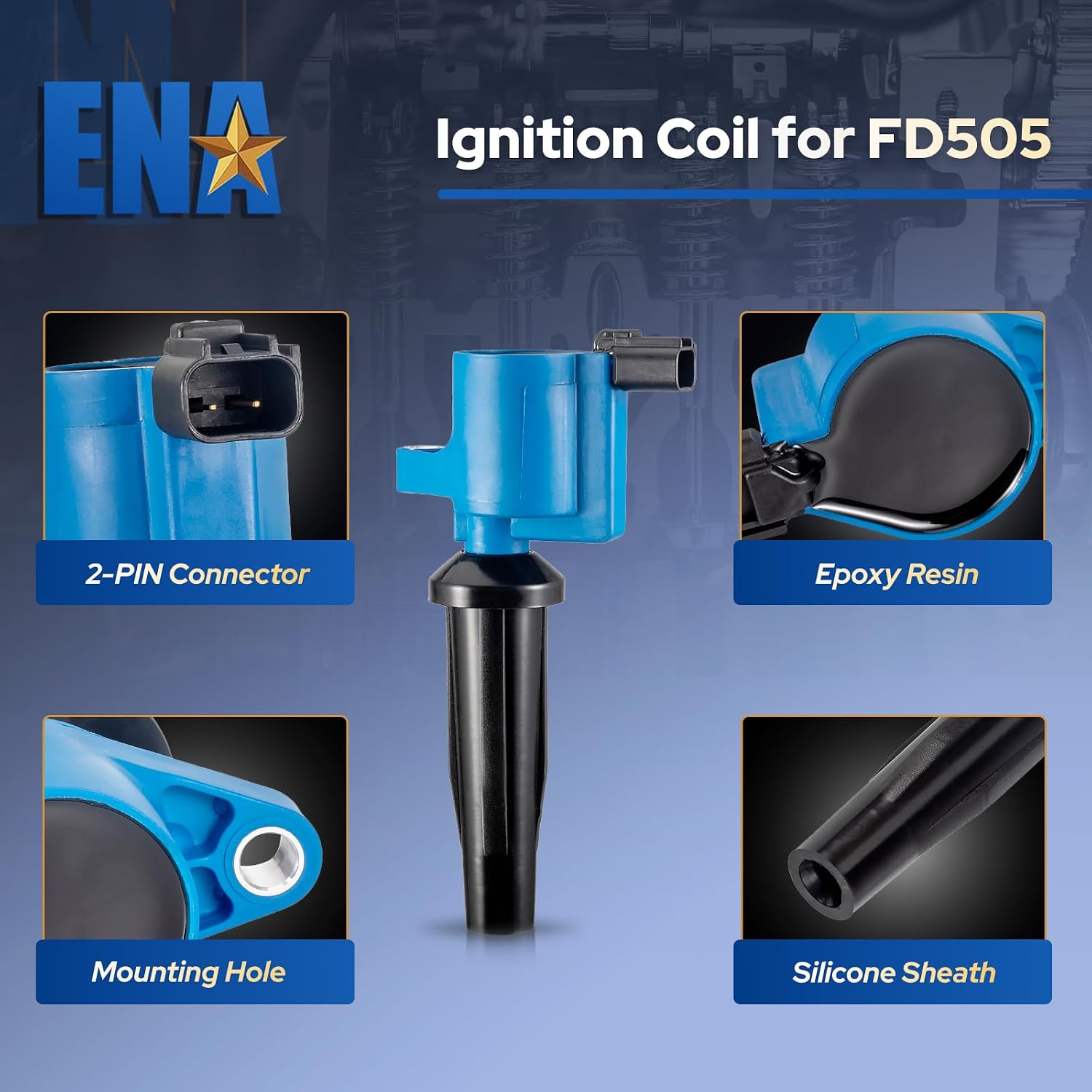 ENA Set of 4 Ignition Coil Pack Compatible with Ford Mazda Mercury Escape Focus Tribute Mariner Transit Connect Fusion Ranger MKZ 2.0L 2.3L 2.5L DOHC Replaces FD505 DG501 DG504 DG541 DG507 - Blue