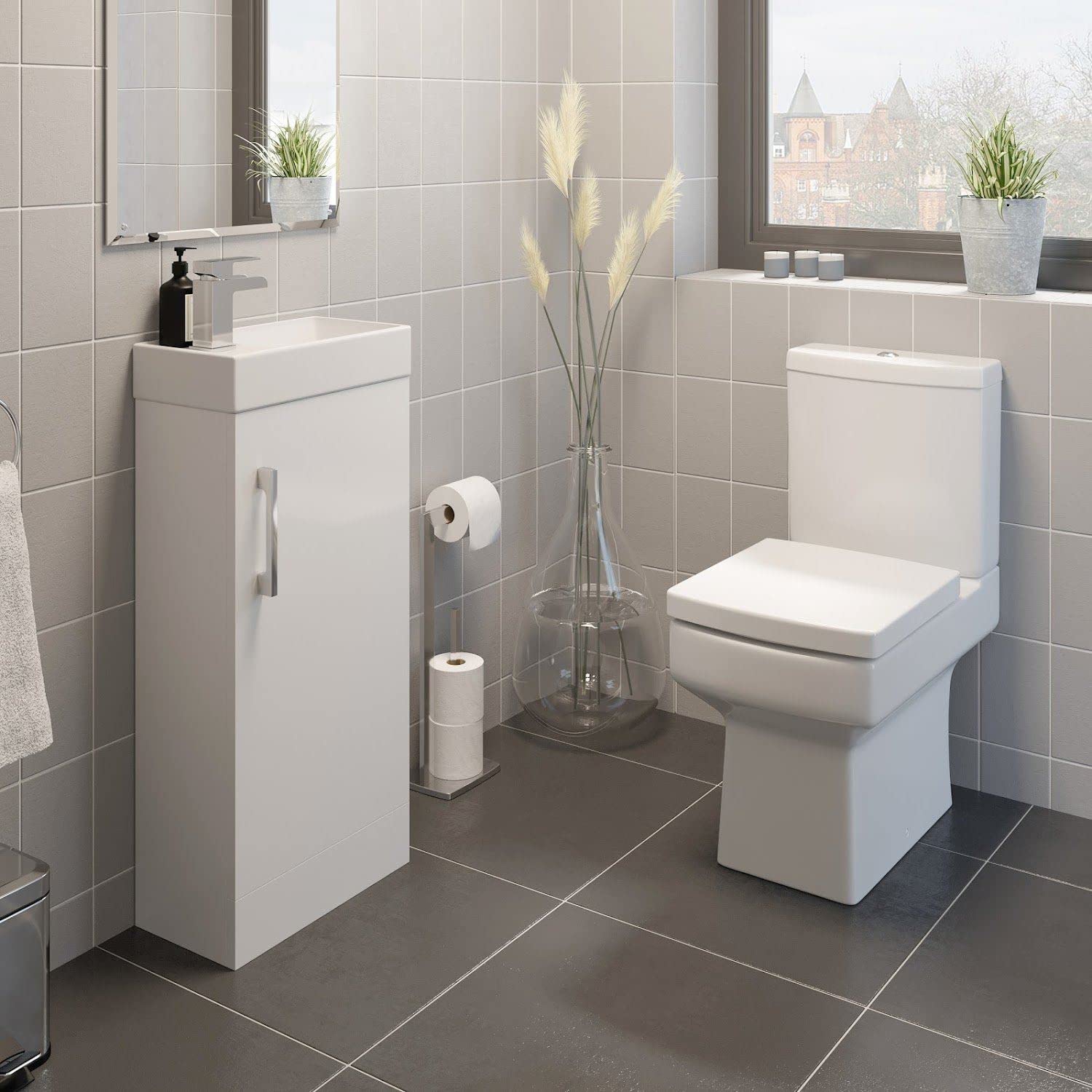BAYSTONE Cloakroom Bathroom Vanity Unit Basin Sink & Close Coupled Toilet with Soft Close Seat White Gloss Bathroom Suite