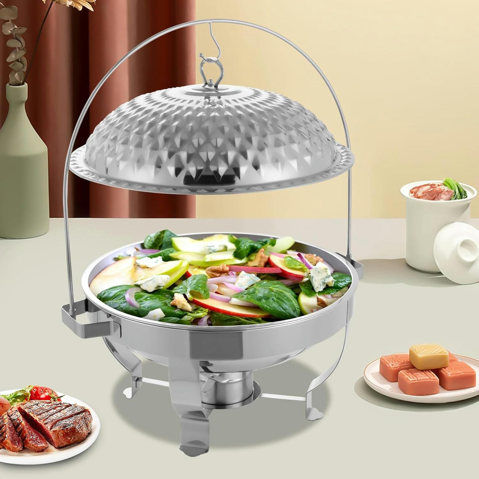 Podgrzewacz do potraw, Zestaw bufetowy ze stali nierdzewnej | Zestaw bufetów ze stali nierdzewnej z wiszącą diamentową pokrywką i stojakiem dla restauracji