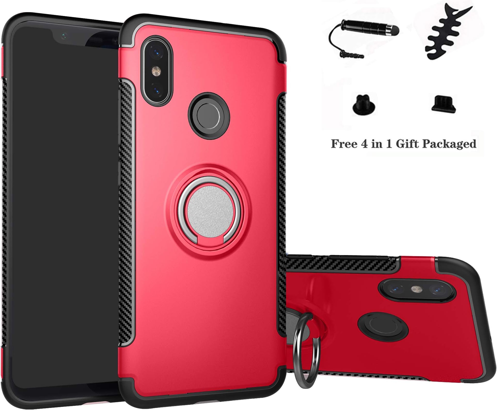 Labanema Case for Xiaomi Mi 8, Hybrid Dual Layer [Anti-Scratch] [Shock Absorption] 360 Degree Rotation Ring Holder Kickstand Armor Slim Protective Cover Case for Xiaomi Mi 8 Smartphone - Red