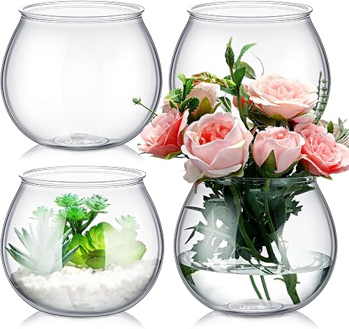 FoldTier 4 Pcs Plastic Fish Bowls 27 Oz Clear Round Vase Centerpieces | Shatterproof Acrylic Fish Bowl Drinks Container, Perfect Parties Wedding Table Decor, Versatile as Floral Vase or Terrarium