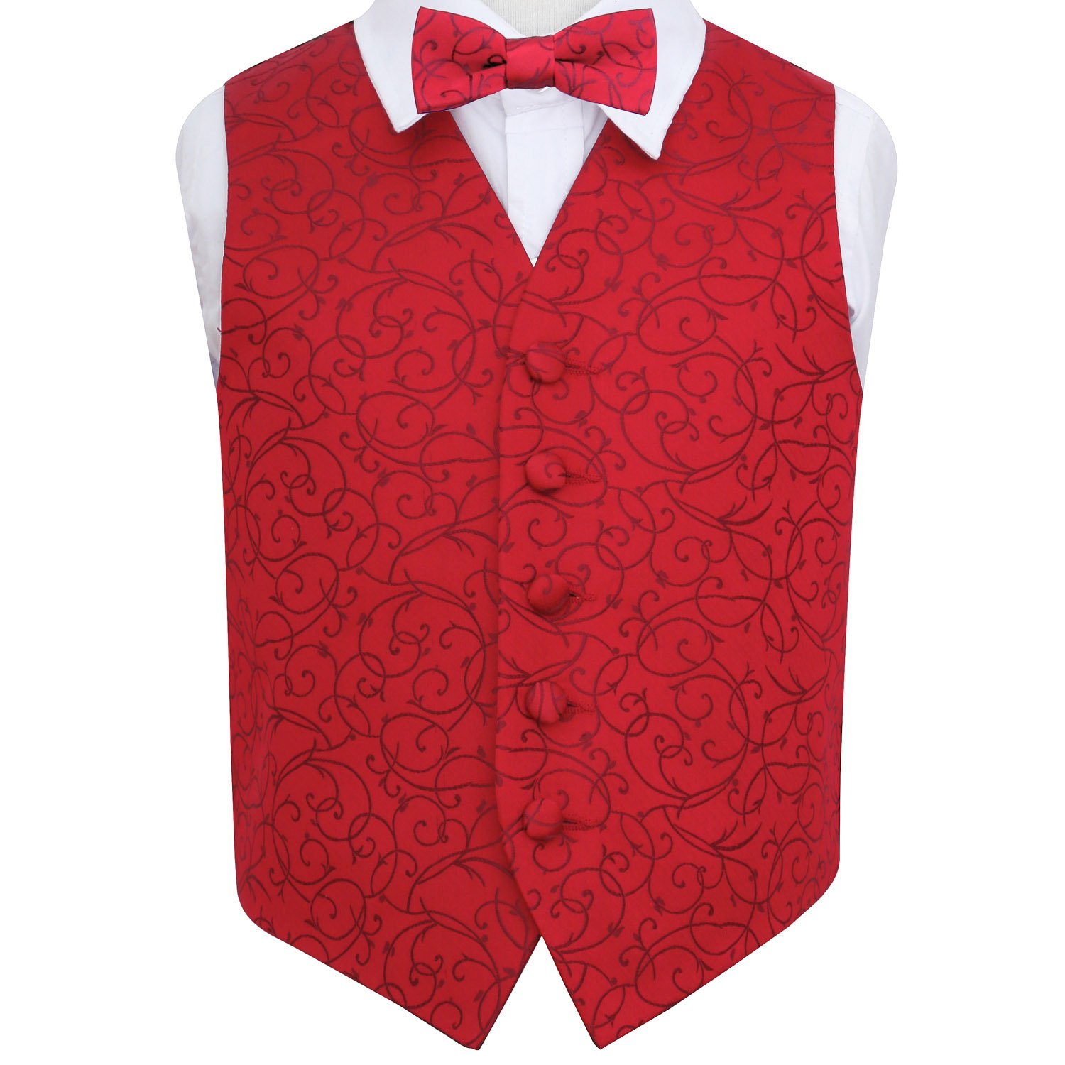 DQT Boys Swirl Jacquard Waistcoat & Pre-Tied Bow Tie Set (2pc) - Wedding Pageboy Formal Vest - Burgundy 13-14 Years 34"