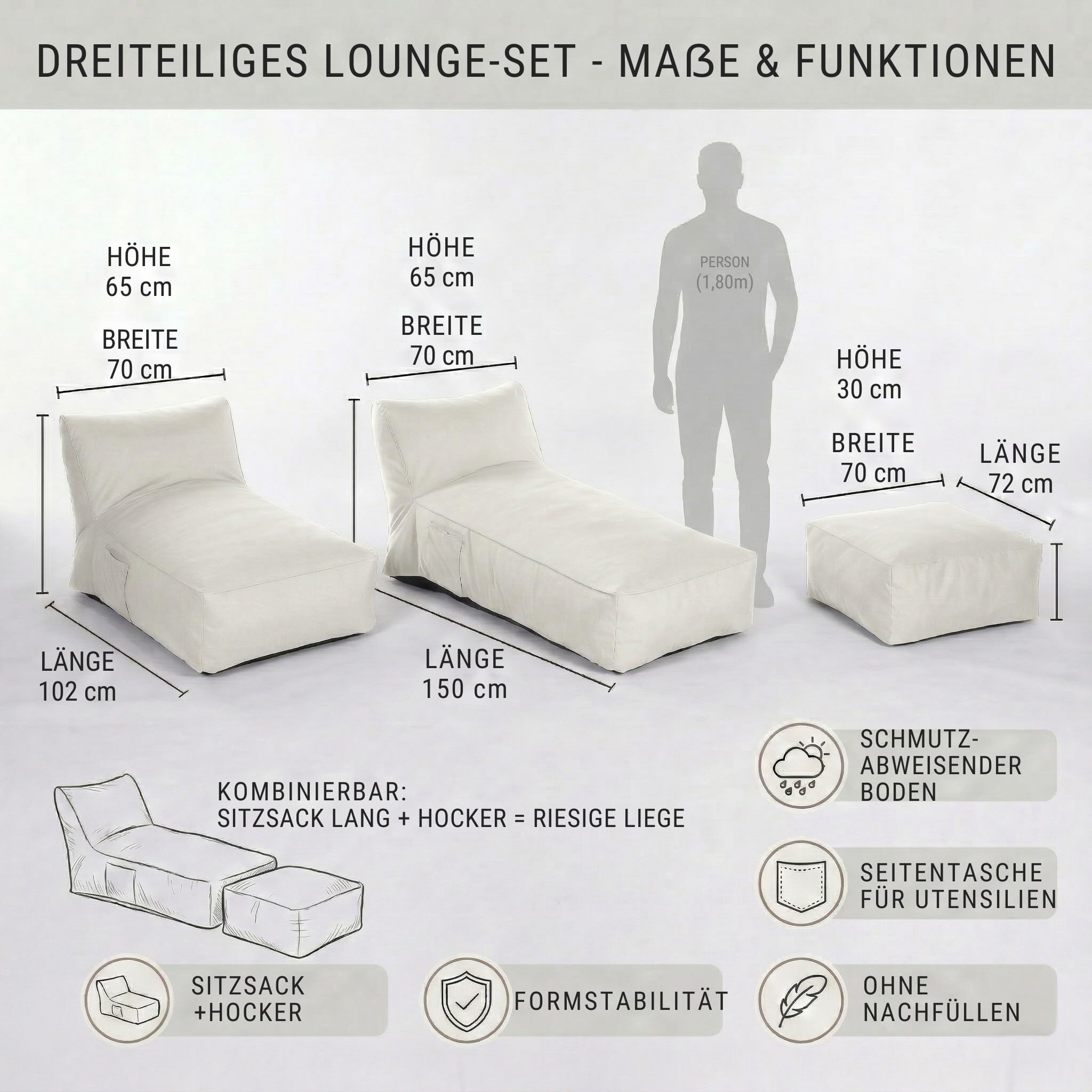 Premium XXL Outdoor Sitzsack-Liege mit Memory Foam Füllung, wetterfest & UV-beständig, 600D Oxford Nylon, für Garten, Balkon, Pool (Beige/Hellgrau/Dunkelgrau) (Hellgrau, Sitzsack lang)