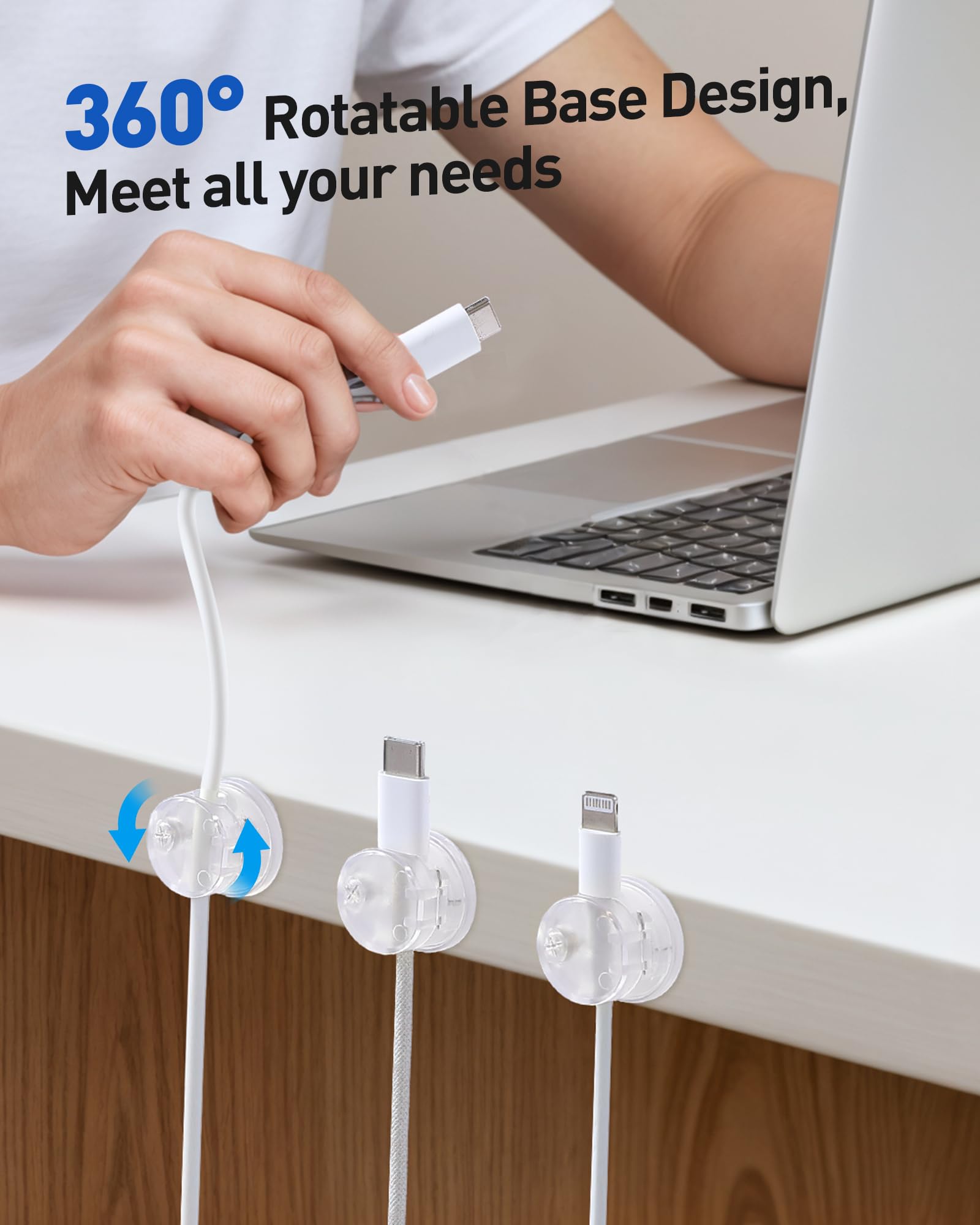 AGPTEK 8 Pack Magnetic Cable Clips, Upgraded 360° Rotatable Cord Holder Clips for Nightstand, Desk Cord Organizer Adhesive Wire Management Home Office Phone Charging Cords USB Cable Keeper (Clear)