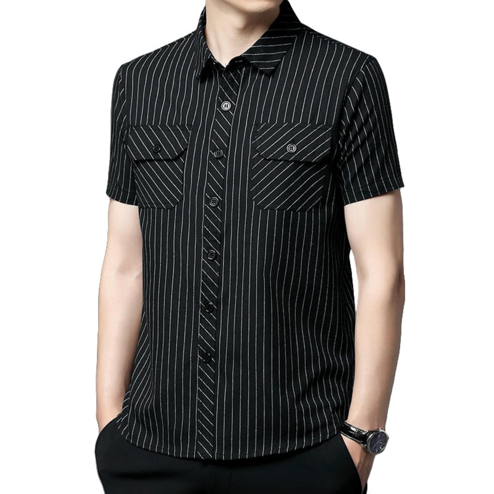 Camisa de manga corta de lino y algodón con doble bolsillo para hombre