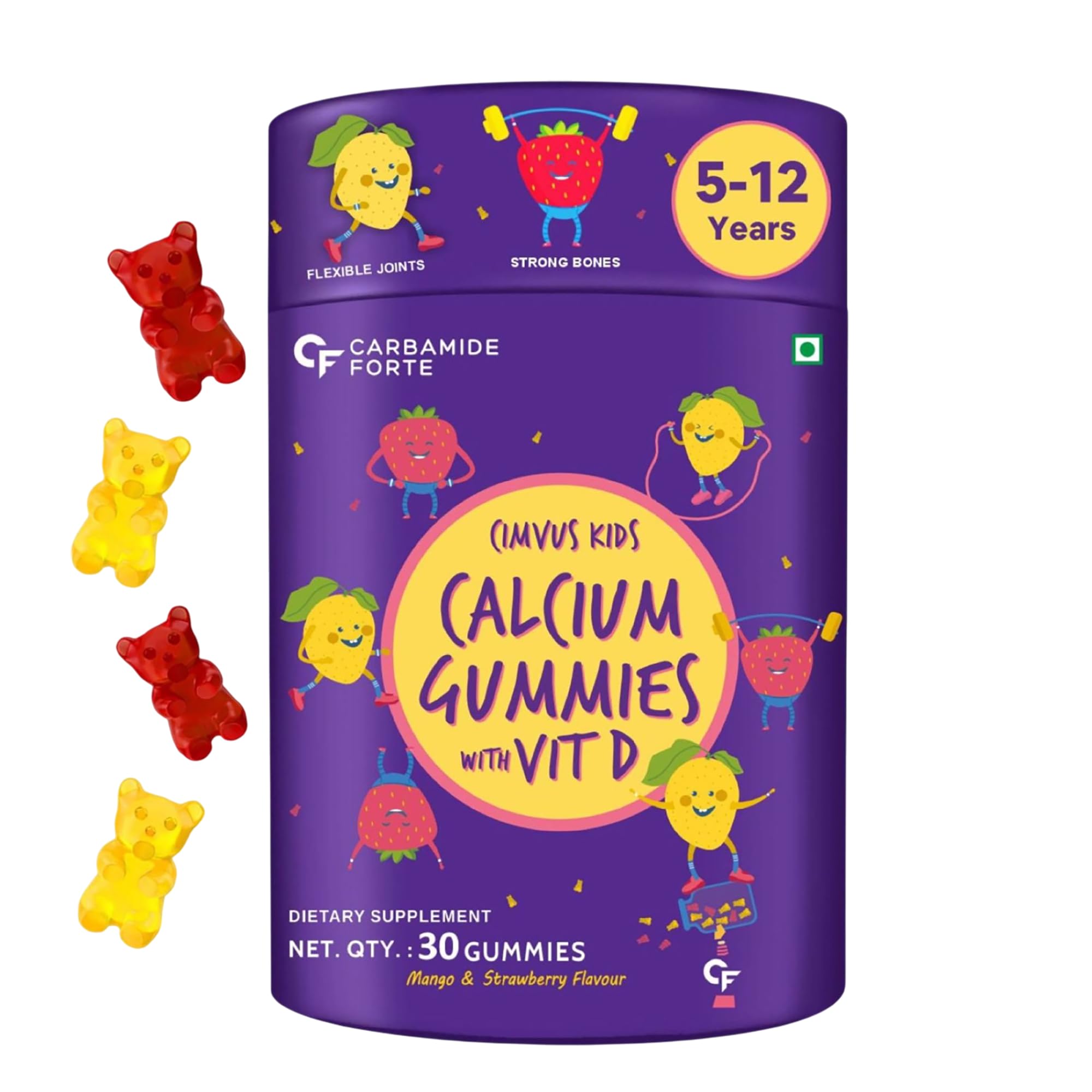 Carbamide Forte Calcium Gummies For Kids | Calcium Magnesium Zinc Vitamin D For Kids | Supplements For Stronger Bones - Mango & Strawberry Flavour - 30 Veg Gummies For Childrens
