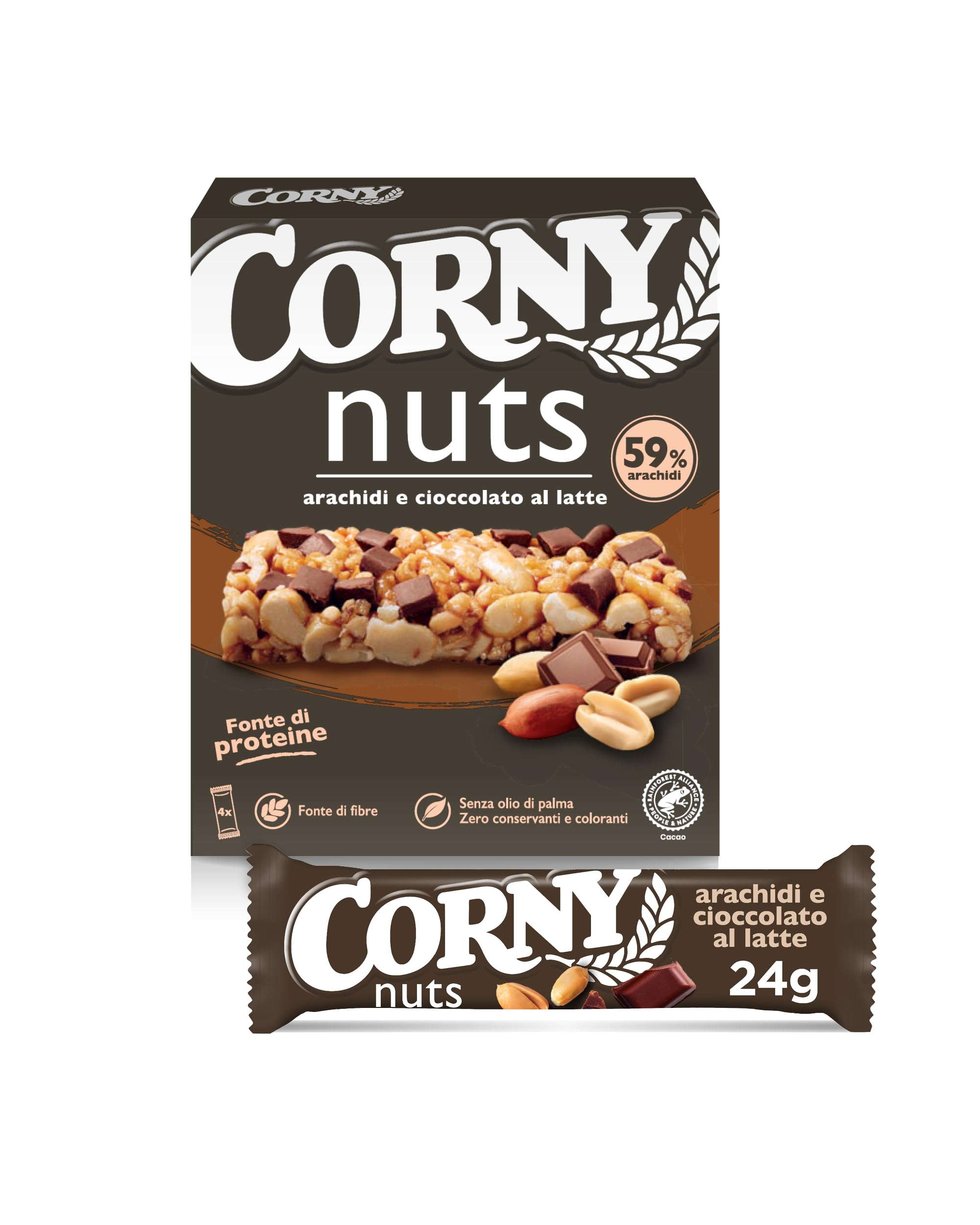 Corny Nuts Barrette Arachidi e Cioccolato al Latte, Senza Olio di Palma, Fonte di Fibre, 4 Barrette da 24g, Confezione da 10 Scatole