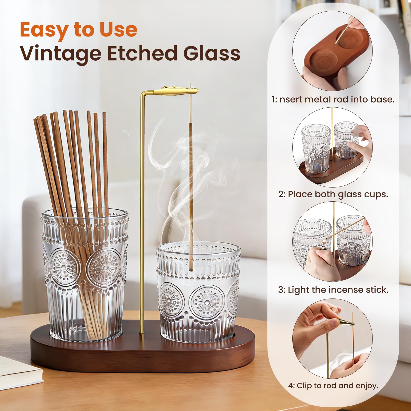 2 in 1 Incense Holder for Sticks, Vintage Glass Upside Down Incense Burner with Removable Ash Catcher & Solid Wood Base, Anti-Ash Flying Catcher for Meditation, Yoga, Spa & Home Decor- Brown - 4