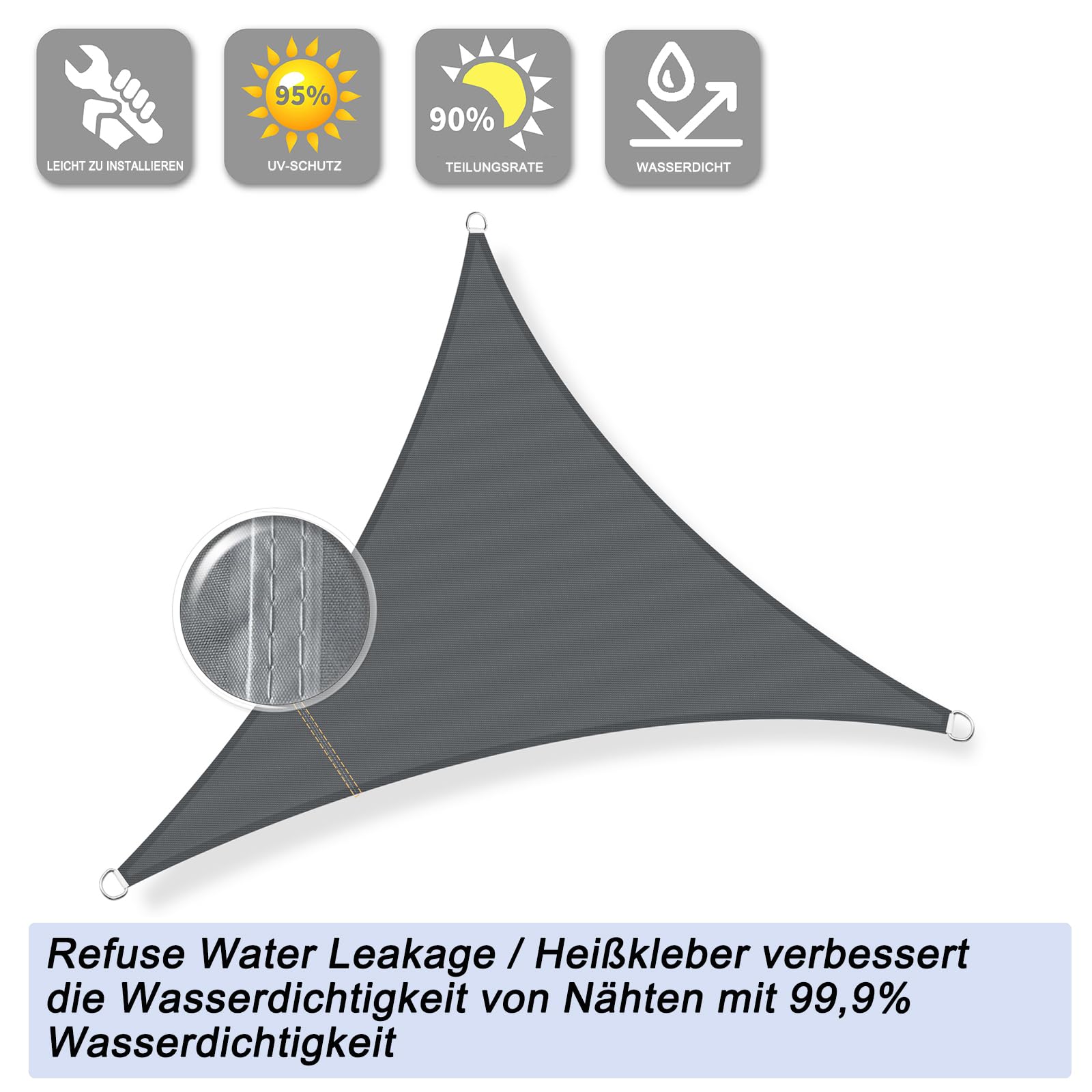 Sunnylaxx 3x3x3m Sonnensegel Dreieckig, Wasserdicht Sonnenschutz Sunsegel Color Anthrazit, 95% UV-Schutz,für Außenbereich,Garten