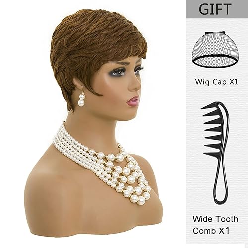 Miniatura 3 de MOONSHOW Peluca de corte Pixie marrón caoba, pelucas cortas para mujeres negras, peluca de cabello Pixie castaño castaño caoba natural, peinados