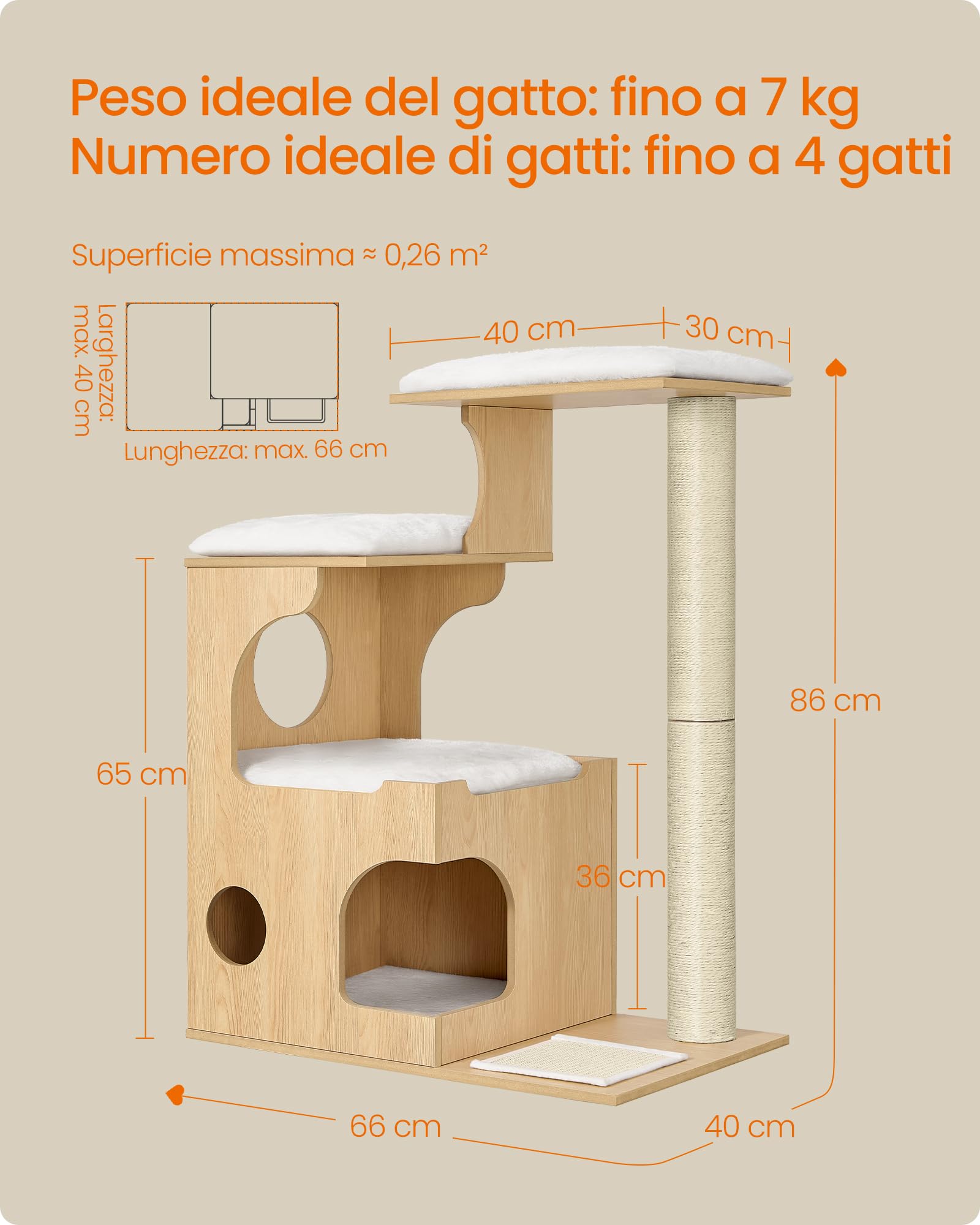 Feandrea Tiragraffi, Albero per Gatti di Truciolato Alto 86 cm, con Grotta, Posatoi, Colonna e Tappeto Graffiatoio in Sisal, Lavabili Tappeti in Pelliccia Sintetica, Giallo Mandorla PCT070Y101