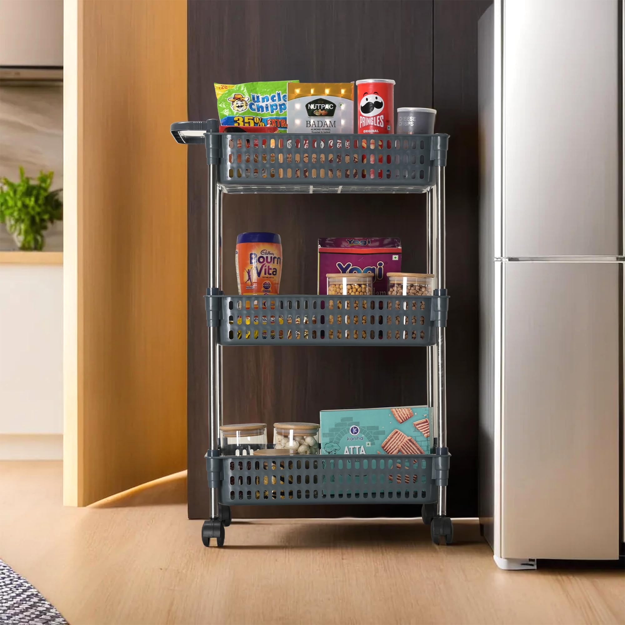 Kuber Industries Storage Rack with Wheels | 3-Layer Storage Organizer Rack | Multipurpose Storage Trolley Rack for Kitchen-Home-office | Revolving Vegetable Storage Trolley | Grey-image-17