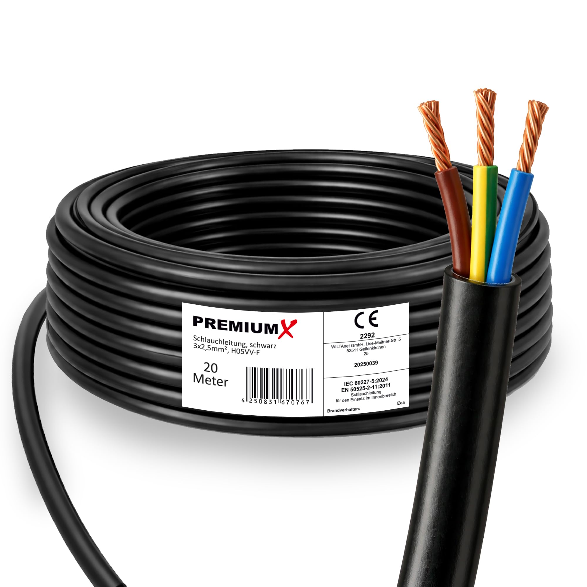 PremiumX Schlauchleitung H05VV-F 3x2,5 mm² - Flexible PVC Anschlussleitung für Elektroanschlüsse im Innenbereich - 20 Meter