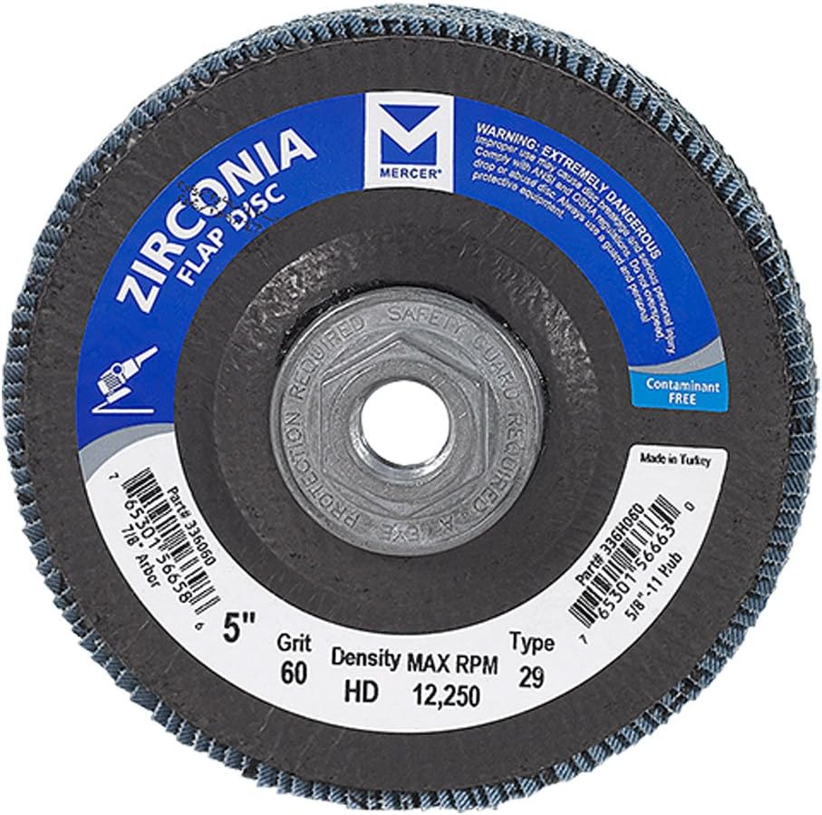 Mercer Industries 336H060 Zirconia Flap Disc, High Density, Type 29, 5 x 5/8-11, Grit 60, 10 Pack