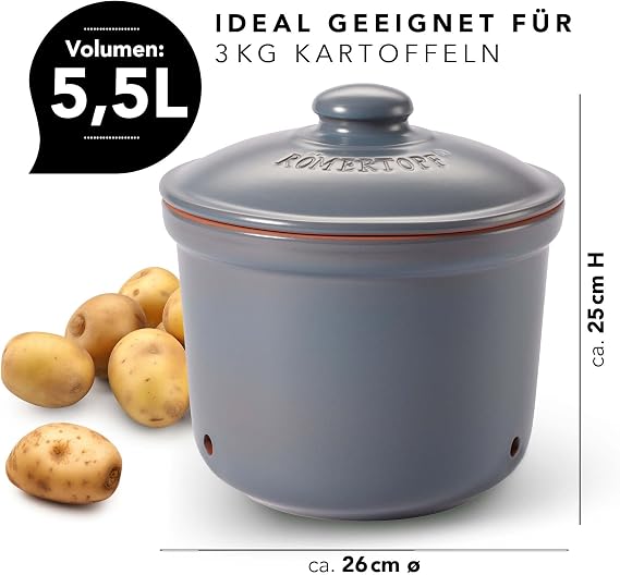 Romertopf Storage pot Maxi plus fresh pot made of natural clay for long shelf life of food such as potatoes, diameter 26.0 cm, blue-grey