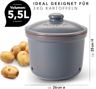 Romertopf Storage pot Maxi plus fresh pot made of natural clay for long shelf life of food such as potatoes, diameter 26.0 cm, blue-grey