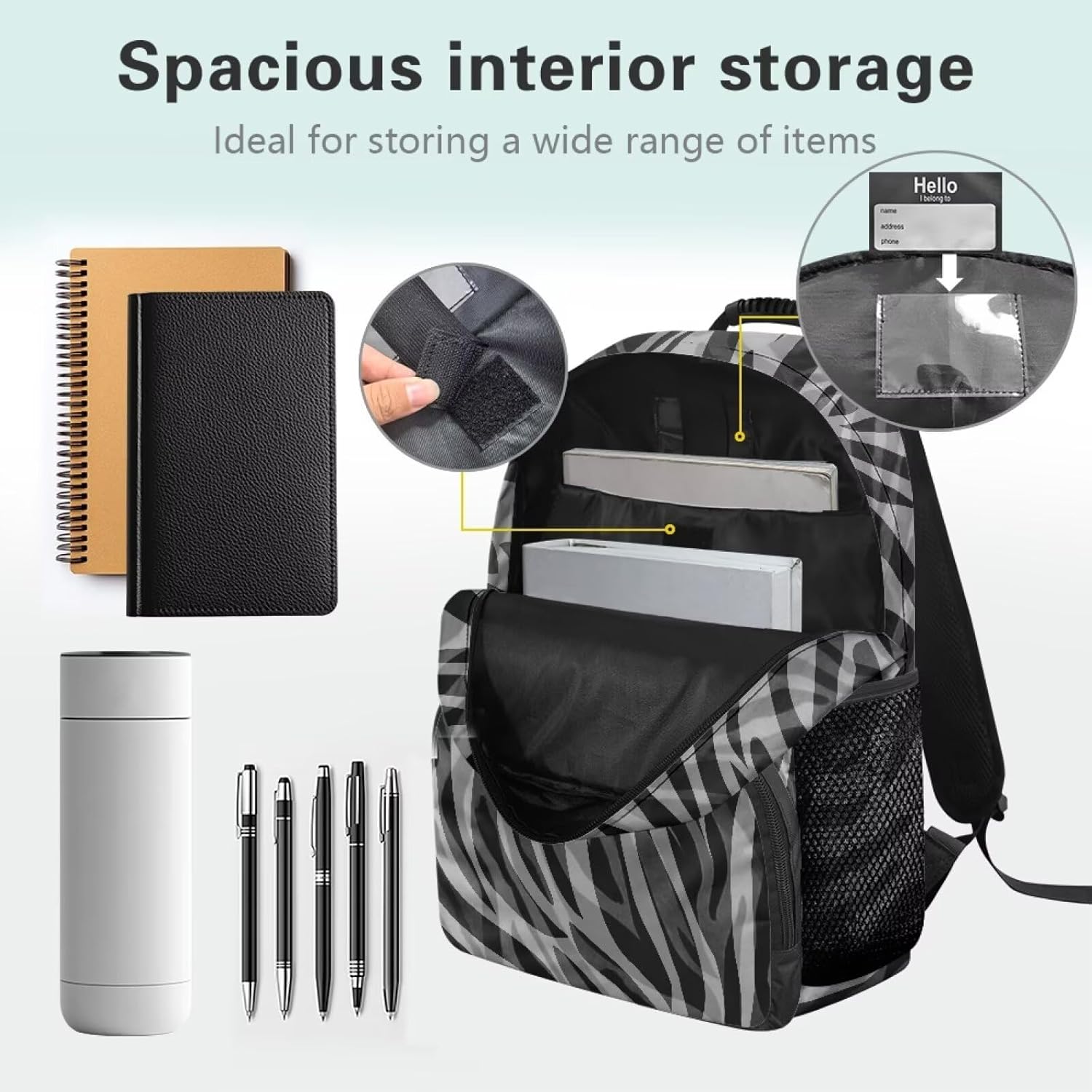 All Over Print Backpack for Women & Men - 17 In Lightweight Laptop Backpack, Water Resistant College School Bookbag with Side Pockets, Trendy Travel Rucksack, Gray Black Zebra Stripe Print