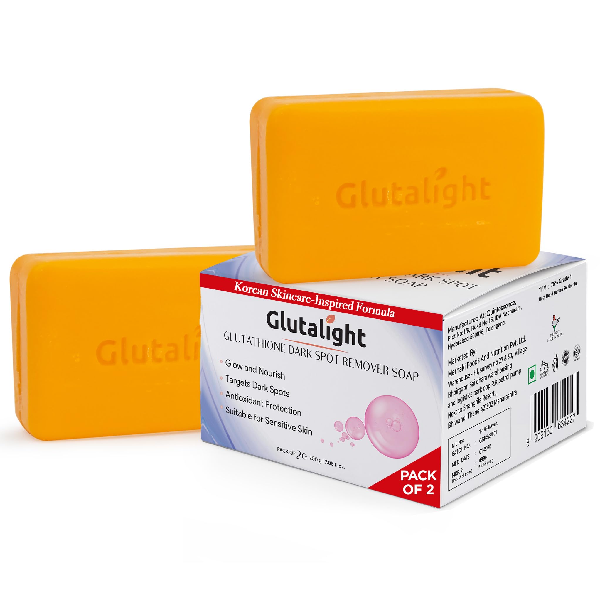 Glutalight Glutathione Dark Spot Remover Soap | Korean Skincare Hydrating Soap | Hyaluronic Acid, Niacinamide & Ceramide | Achieve Glass Skin Glow | Even Skin Tone & Fades Hyperpigmentation |Pack of 2