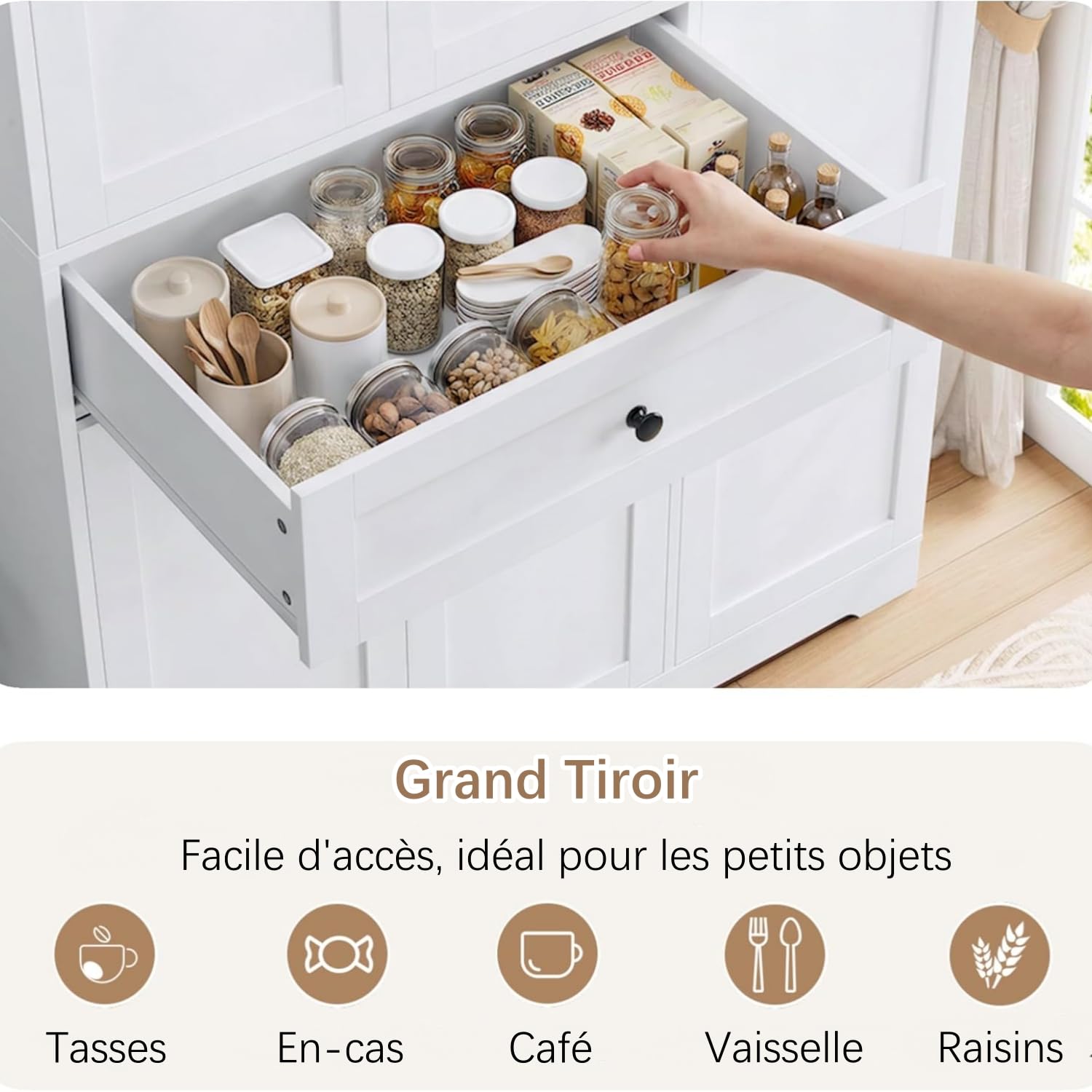 FirFurd Buffet Haut Cuisine Meuble Rangement Vaisselier avec 5 Portes Blanc | 104x40x173cm, Porte avec étagère à épices, Armoire meuble cuisine avec 13 étagères, 1 tiroir, Pour salle à manger, salon