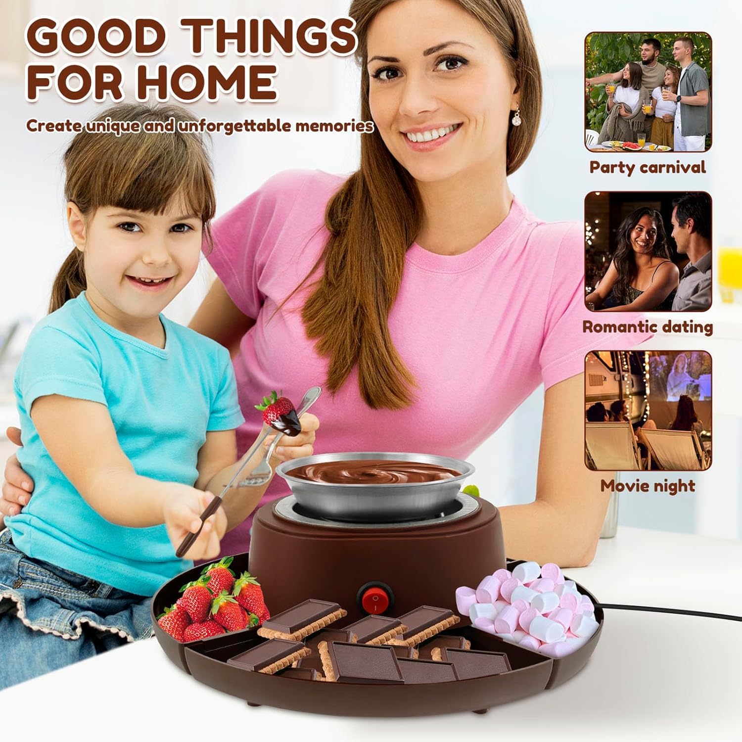 Kit Fondue au Chocolat - Machine à fondre sans flamme avec 4 fourchettes à tremper - Idéal pour les fêtes et soirées cinéma - Diamètre 30 cm