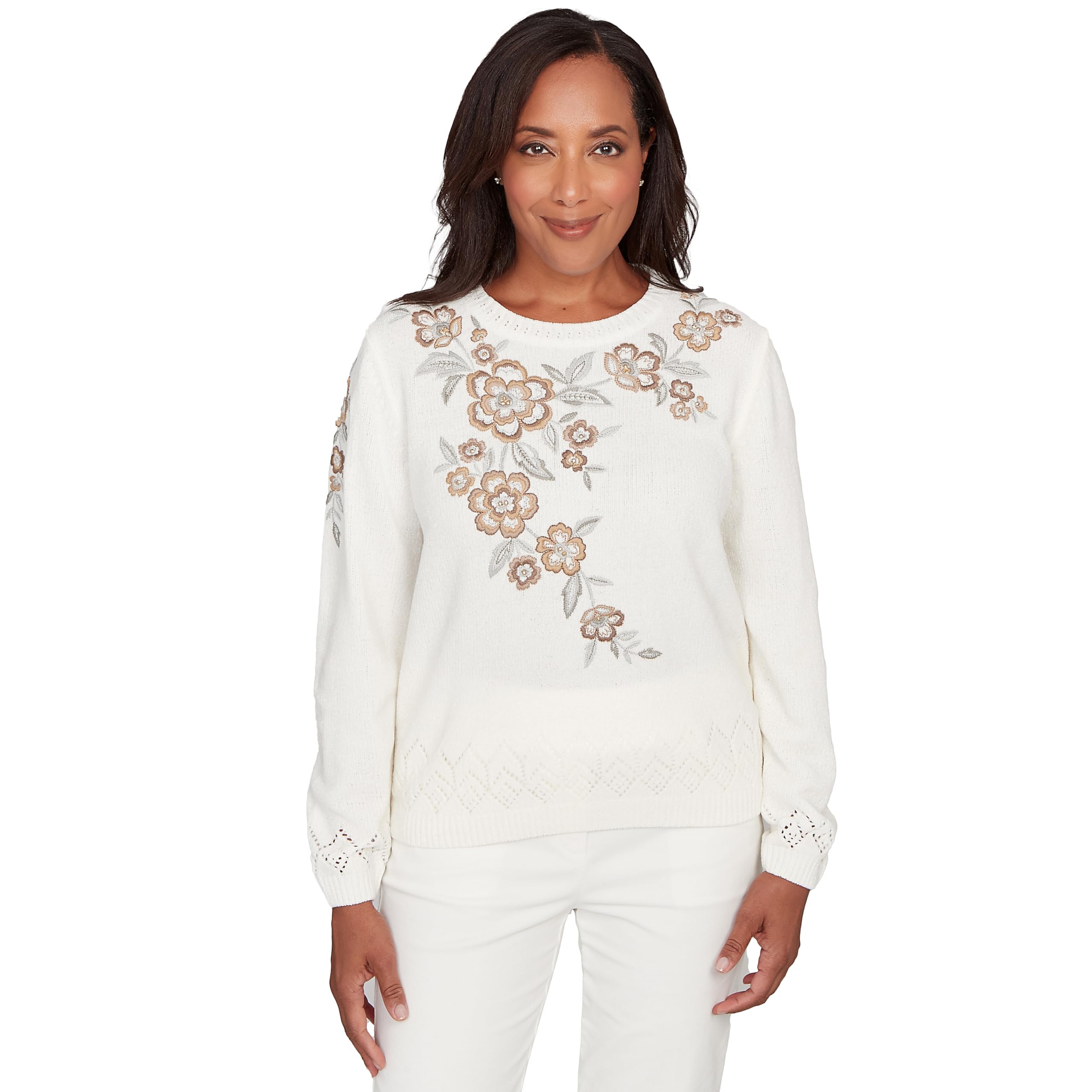 Alfred Dunner Womens Petite Floral Embroidered Chenille Sweater Size PL Vanilla