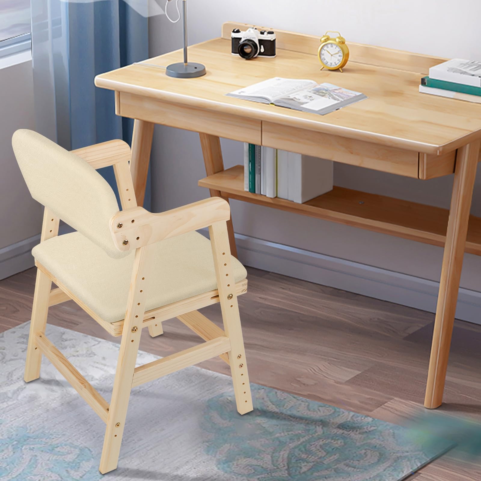 Seggiolone Pappa in Legno, Sedia da Bambini per Studio e Mangiare, Altezza Regolabile da 35 a 51 cm, Carico da 90KG, per Bambini 8+ Mesi (48 * 46 * 78 cm - Beige (1 pezzo))