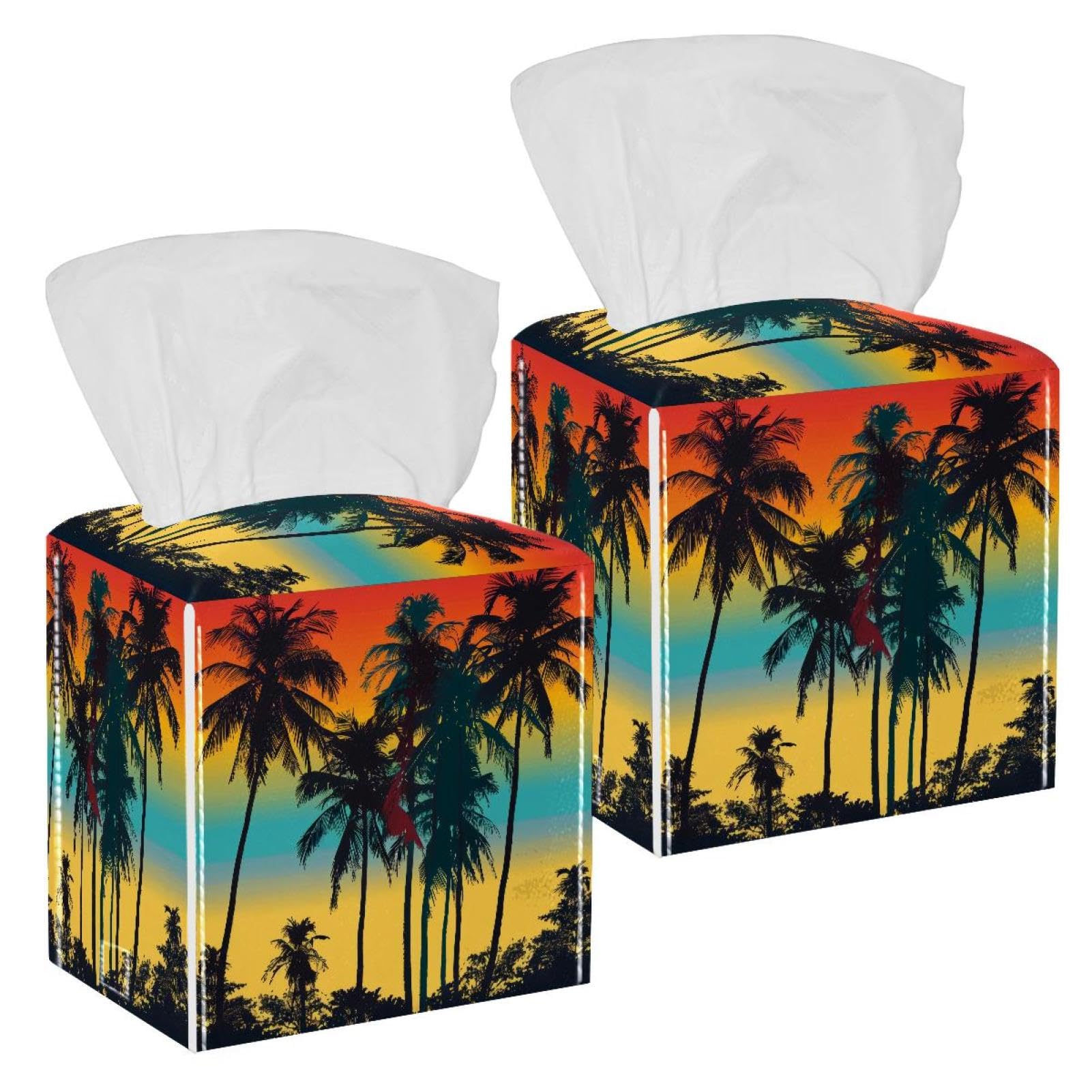 Tropical Palm Tissue Box Cover, 2 Pack PU Leather Square Facial Tissue Dispenser Box holder for Home Office Car