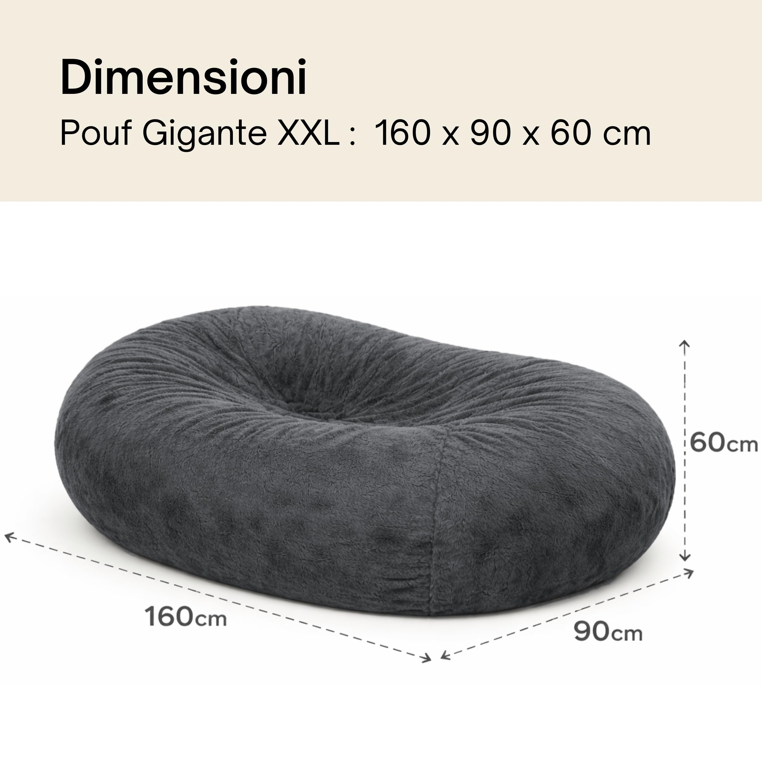 bananair Pouf Poltrona - 160 x 90 x 60 cm - Morbido e Comodo - Housse Rimovibile e Lavabile - Pouf Letto, Pouf Sacco, Poltrona Sacco, Bean Bag - Qualità Premium, Eco-Responsabile (Grigio Scuro)