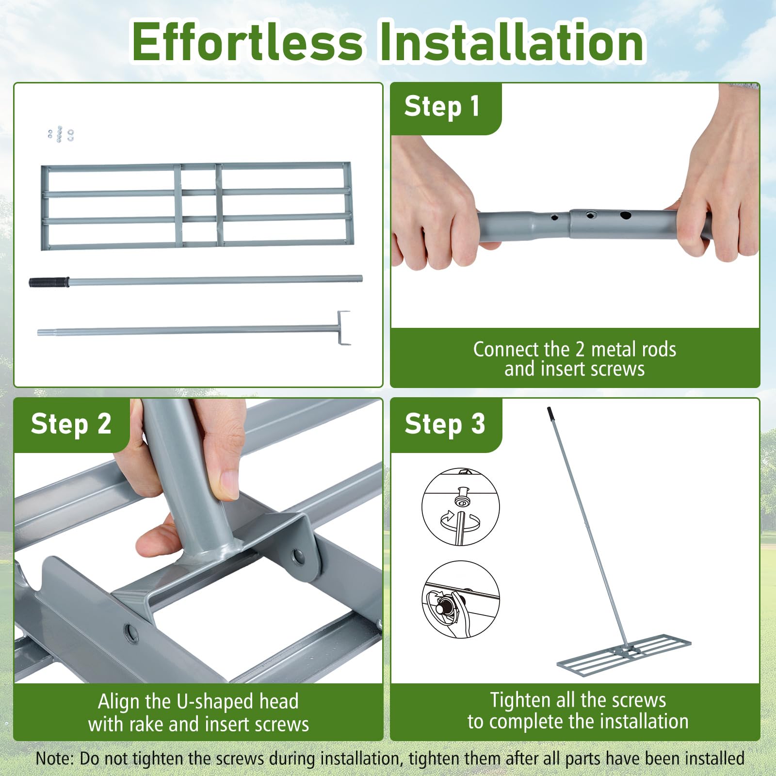 Rastrello livellatore per prato, livellatore per prato in metallo resistente con manico regolabile, strumento per livellare il terreno senza fatica per giardino, prato, campo da golf (verde, 91 x 2