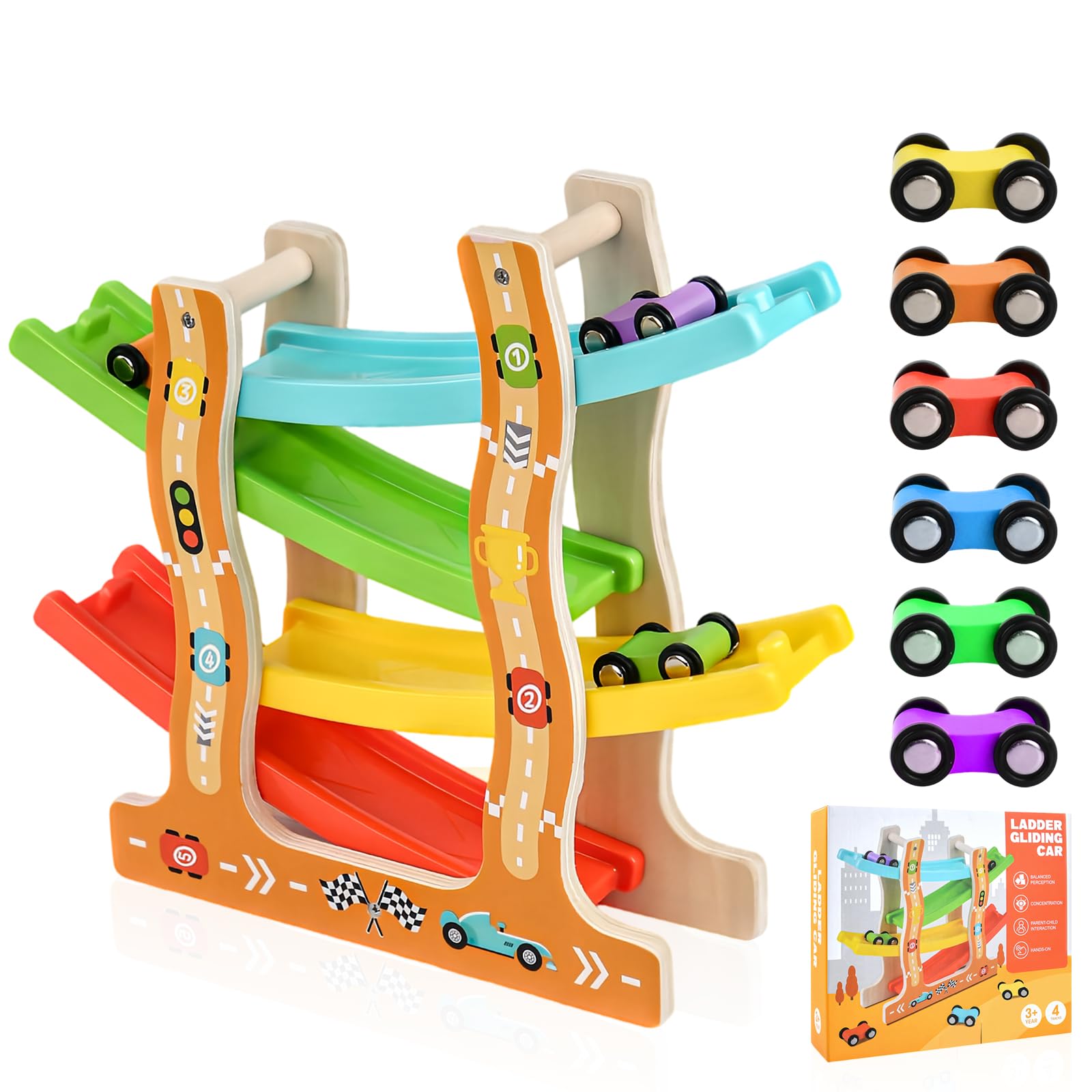 Pista de Coches de Madera con 6 Mini Coches Coloridos, Juego Educativo Montessori para Niños 1 2 3 Años, Rampa Zigzag y Carreras, Juguetes de Madera para Bebés