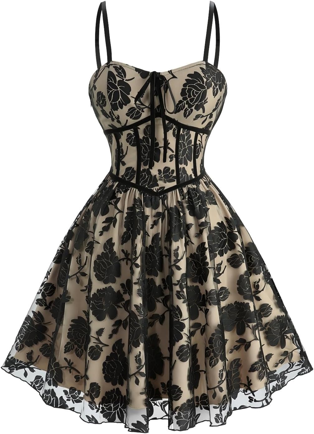 DRESSFO Women Floral Lace Overlay Tied A Line Cami Dress