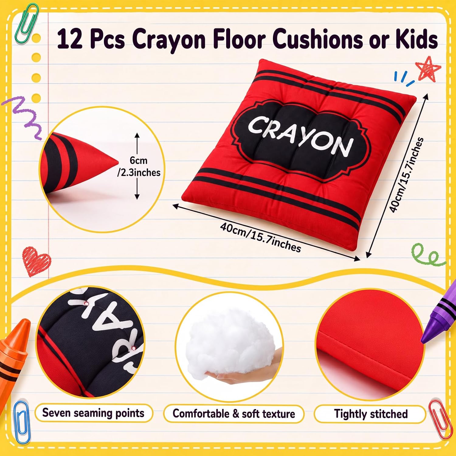 Briwooody 12 Pcs Classroom Crayon Floor Cushions Bulk Classroom Decor