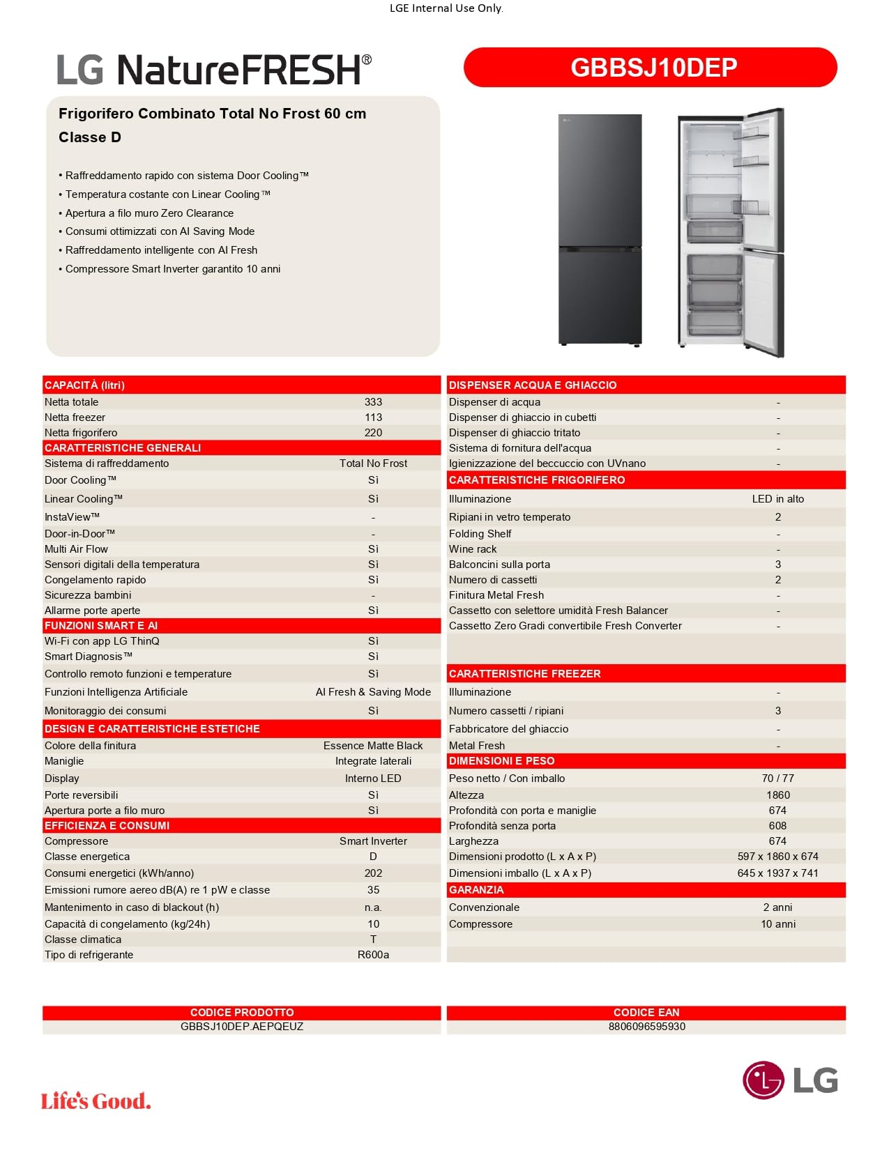 LG GBBSJ10DEP Frigorifero Combinato Fit & Max Larghezza 60 cm, Classe D, Raffreddamento Intelligente con AI Fresh, Total No Frost, Door e Linear Cooling, 333 L, Smart Inverter, Wi-Fi, Matte Black