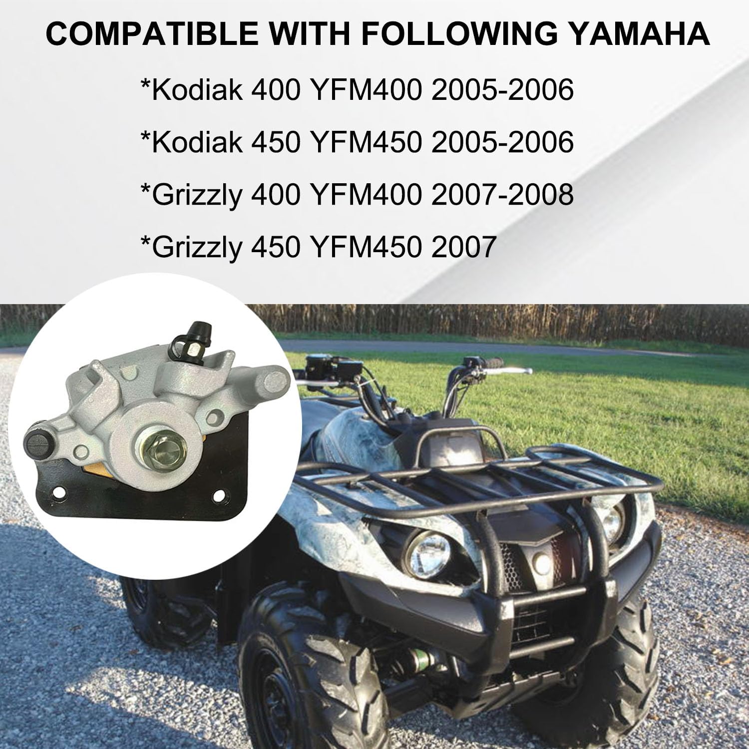 Rear Brake Caliper with Pads Compatible with Yamaha ATV Kodiak 400 YFM400 450 YFM500 Grizzly 400 YFM400 450 YFM450 Replacement # 1D9-2580V-02-00 1P1-2580V-00-00