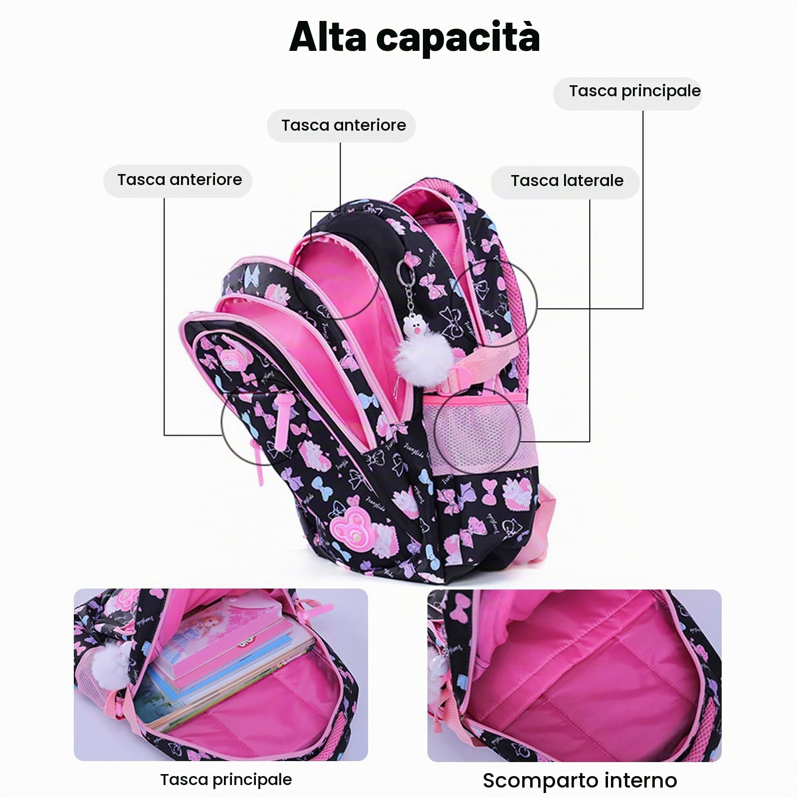 FANDARE Zaino per bambini Zaino Scuola Ragazze Elementare Adolescente Zainetto Daypacks per laptop - per Scuola Lavoro Escursioni Viaggi Impermeabile Nylon Rosa