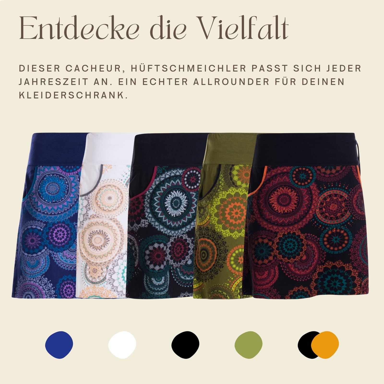 Vishes kurzer Damen-Rock mit Mandalas I Handgefertigt aus 100% Baumwolle I Rock mit Taschen I Ideal für warme & kalte Monate I Nachhaltige Alternative Bekleidung