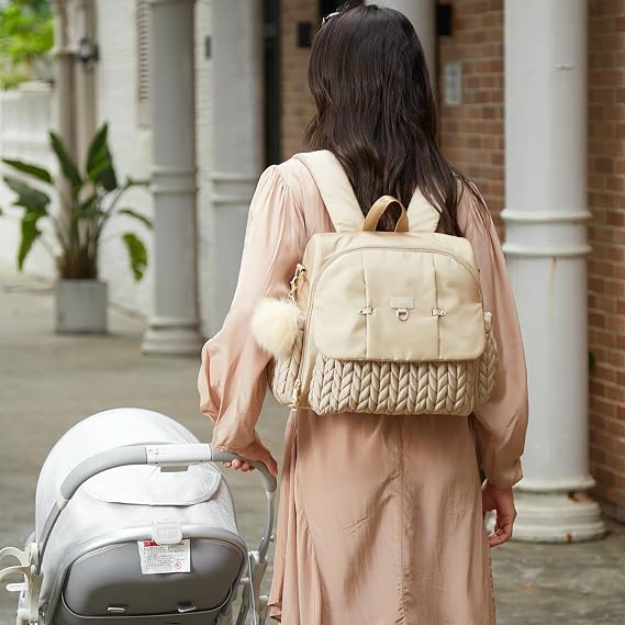 Small Diaper Backpack with Adjustable Shoulder Straps and Stroller Straps - Fashionable & Waterproof Diaper Bag (Beige)