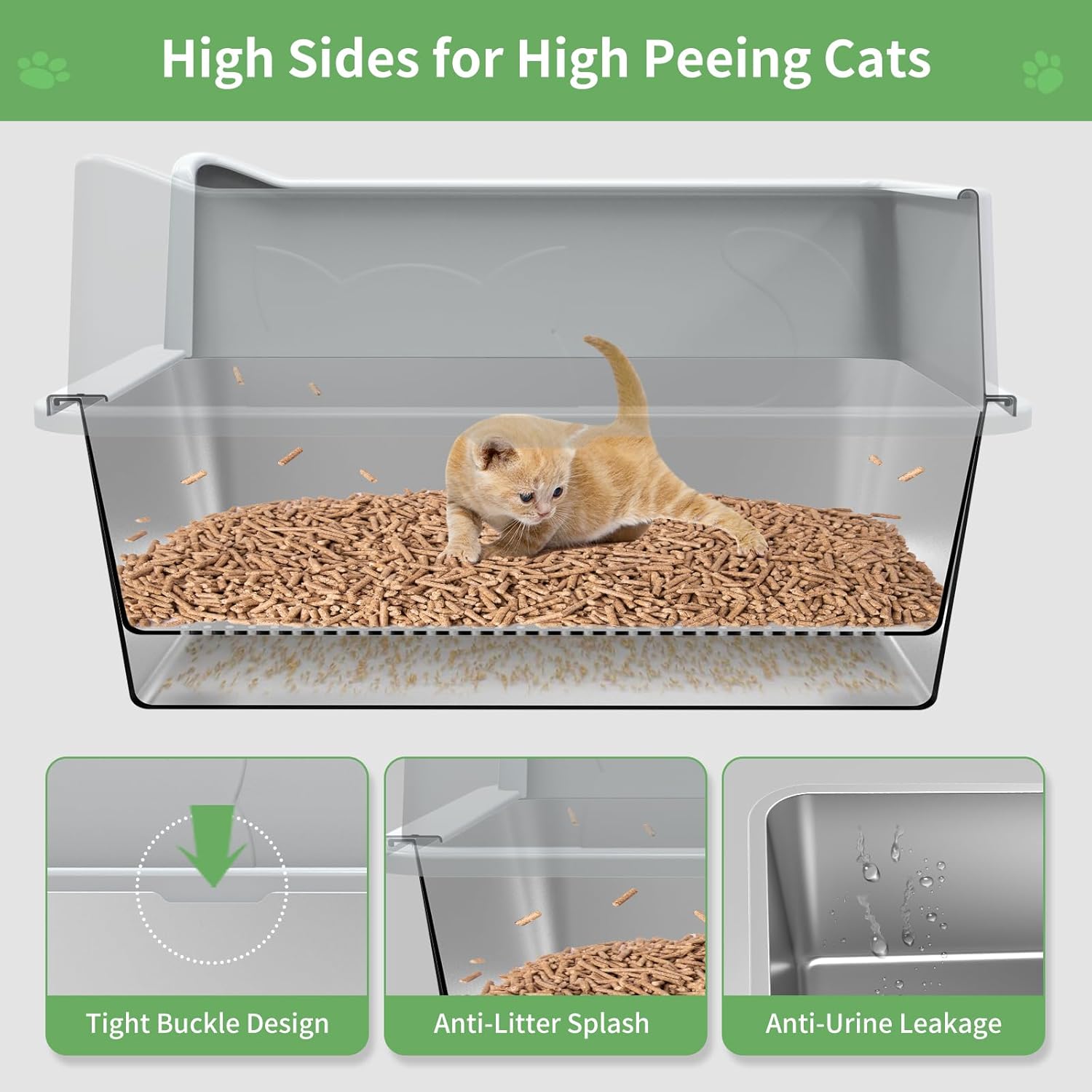 Stainless Steel Cat Litter Box with Lid, XL High Sided Metal Sifting Litter Box for Pine Pellets, Enclosed Sifting Box for Big Cats, Anti-Leakage, Easy Clean, Include Scoop, Liner, Pee Pad and Hook