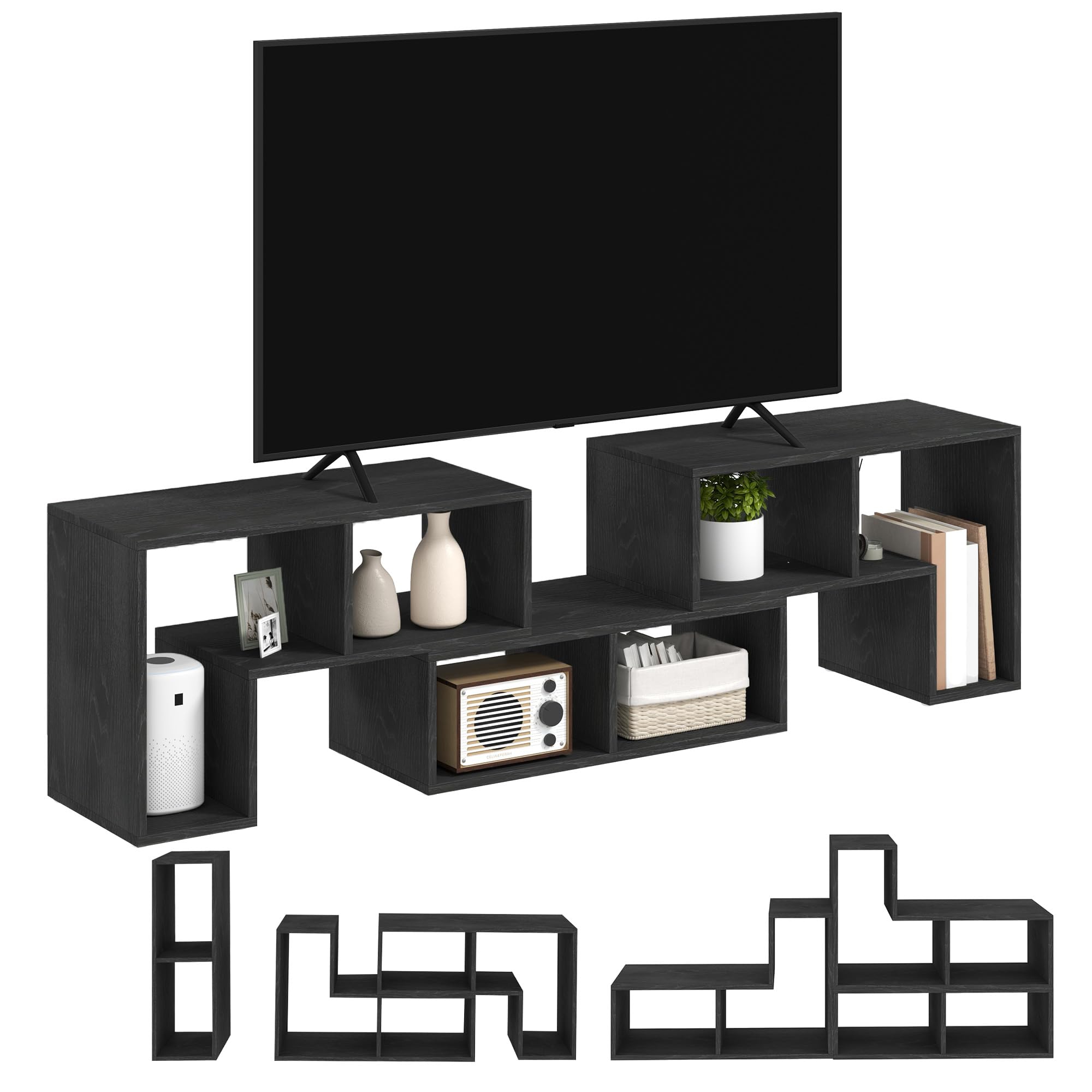 HOMCOM Mobile TV 75" max Modulabile con 2 Ripiani a L e Mensola Rettangolare, Mobile Porta TV Moderno in Truciolato per Soggiorno, 134-180x30.5x44 cm, Nero